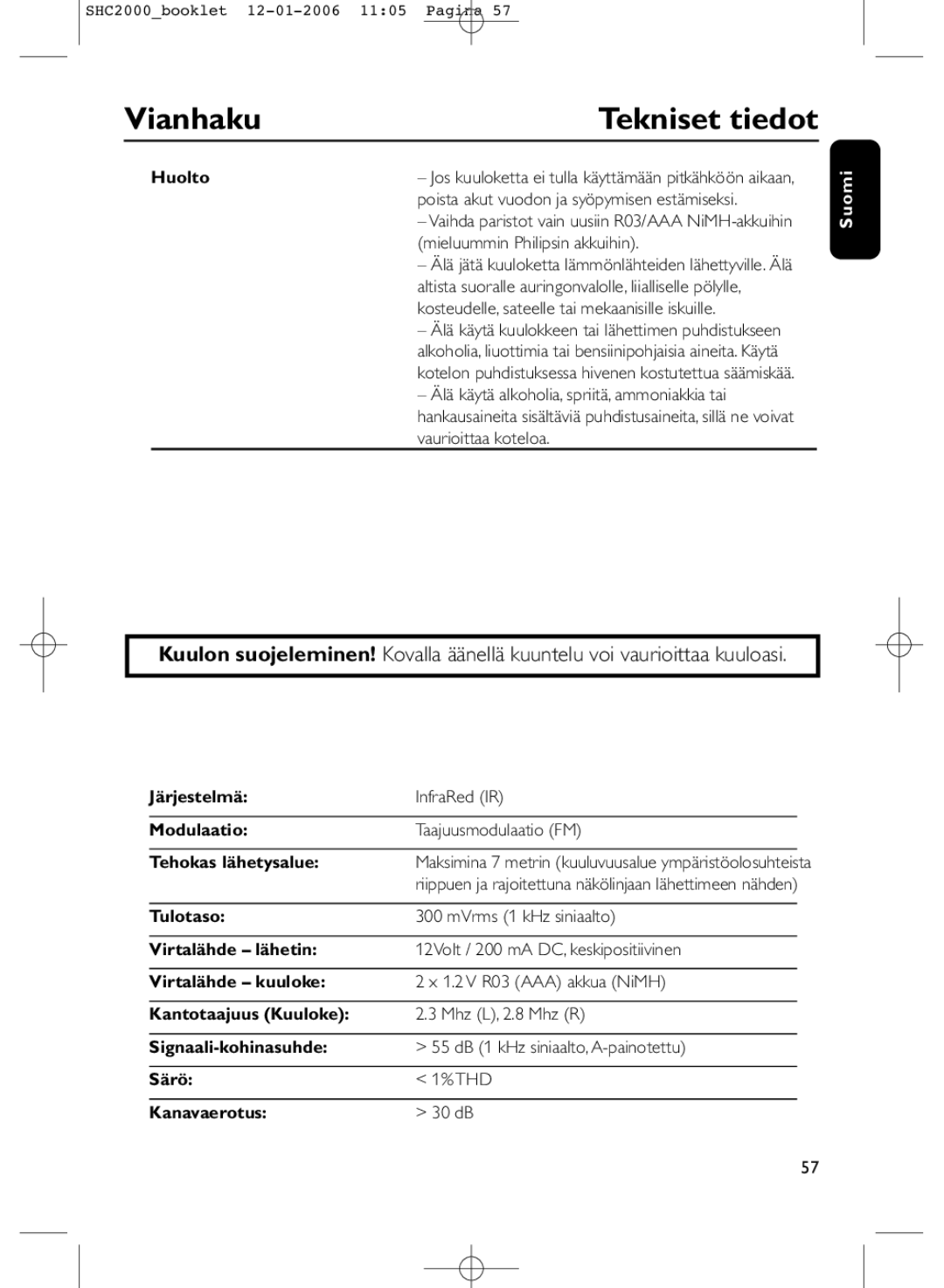 Philips SHC2000 manual Tekniset tiedot, Huolto 