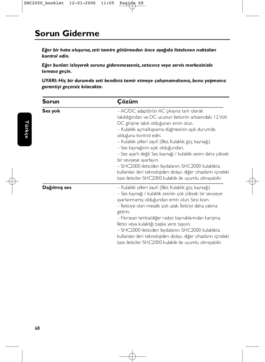 Philips SHC2000 manual Sorun Giderme, Sorun Çözüm, Ses yok, Dağılmış ses 