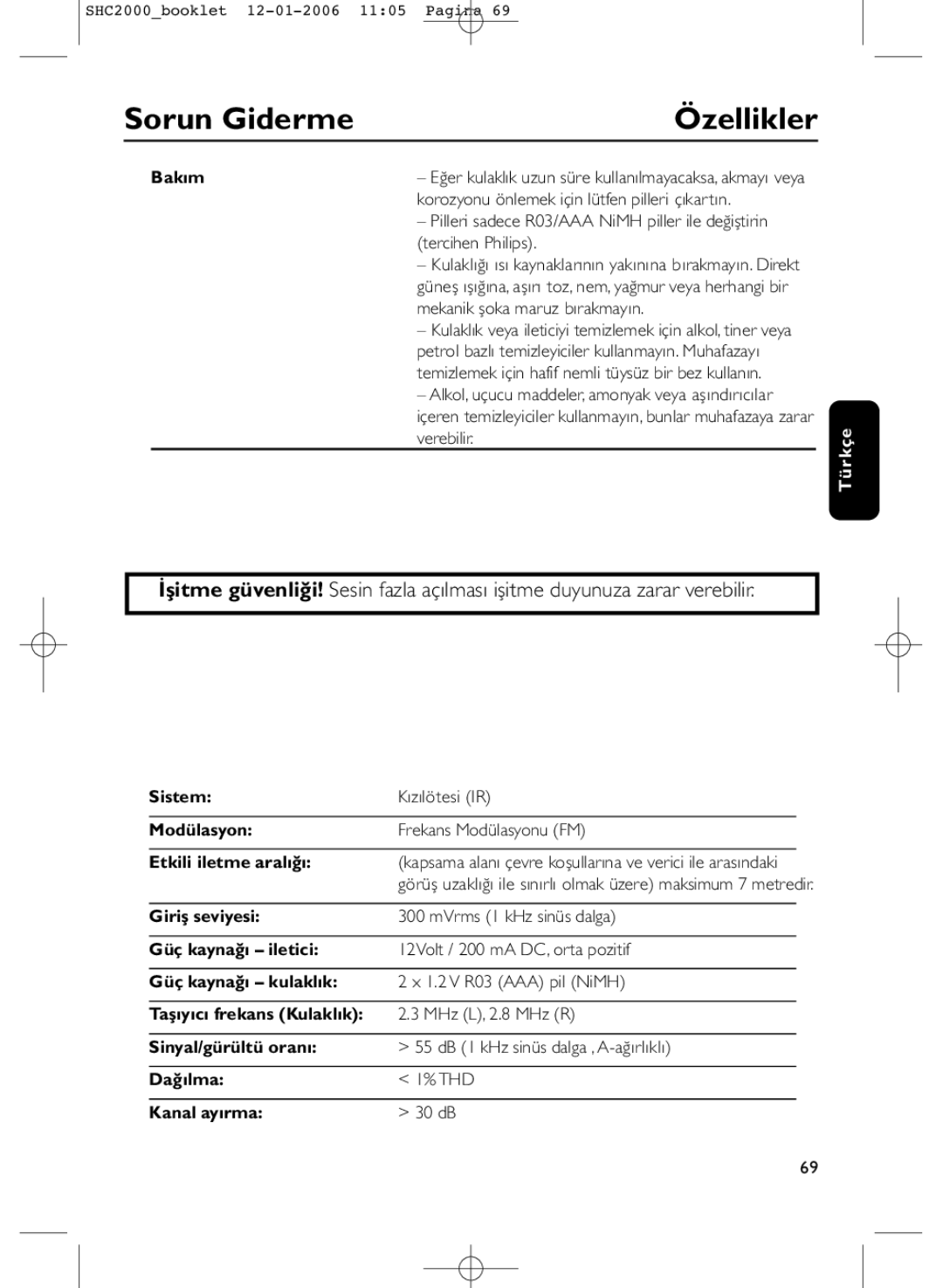 Philips SHC2000 manual Sorun Giderme Özellikler, Bakım, Mekanik şoka maruz bırakmayın, Verebilir 