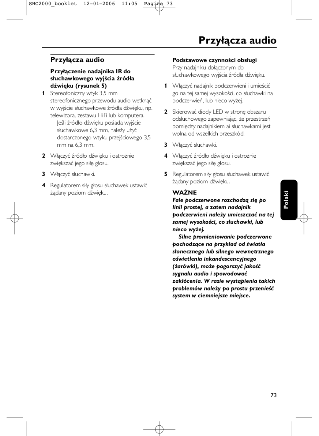 Philips SHC2000 manual Przyłącza audio, Podstawowe czynności obsługi, Włączyć słuchawki 