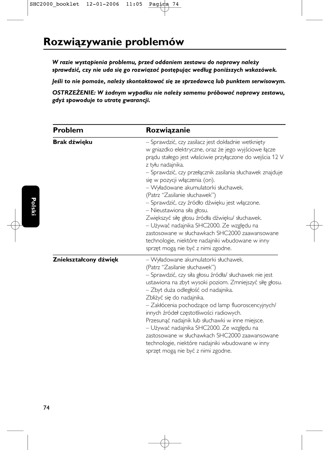 Philips SHC2000 manual Rozwiązywanie problemów, Problem Rozwiązanie, Brak dźwięku, Zniekształcony dźwięk 