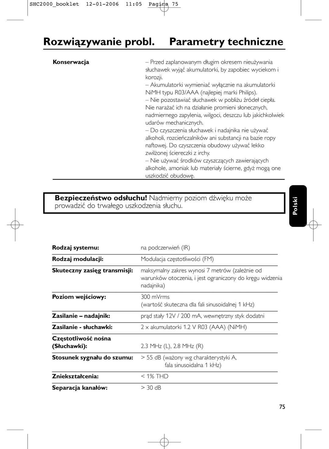 Philips SHC2000 manual Rozwiązywanie probl. Parametry techniczne 