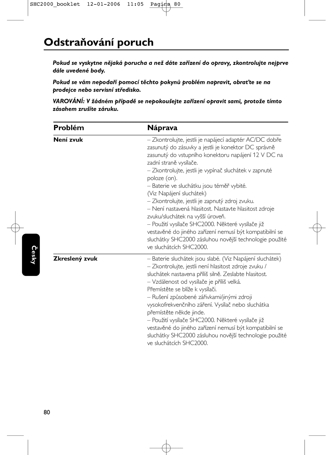 Philips SHC2000 manual Odstraňování poruch, Problém Náprava, Není zvuk, Zkreslený zvuk 