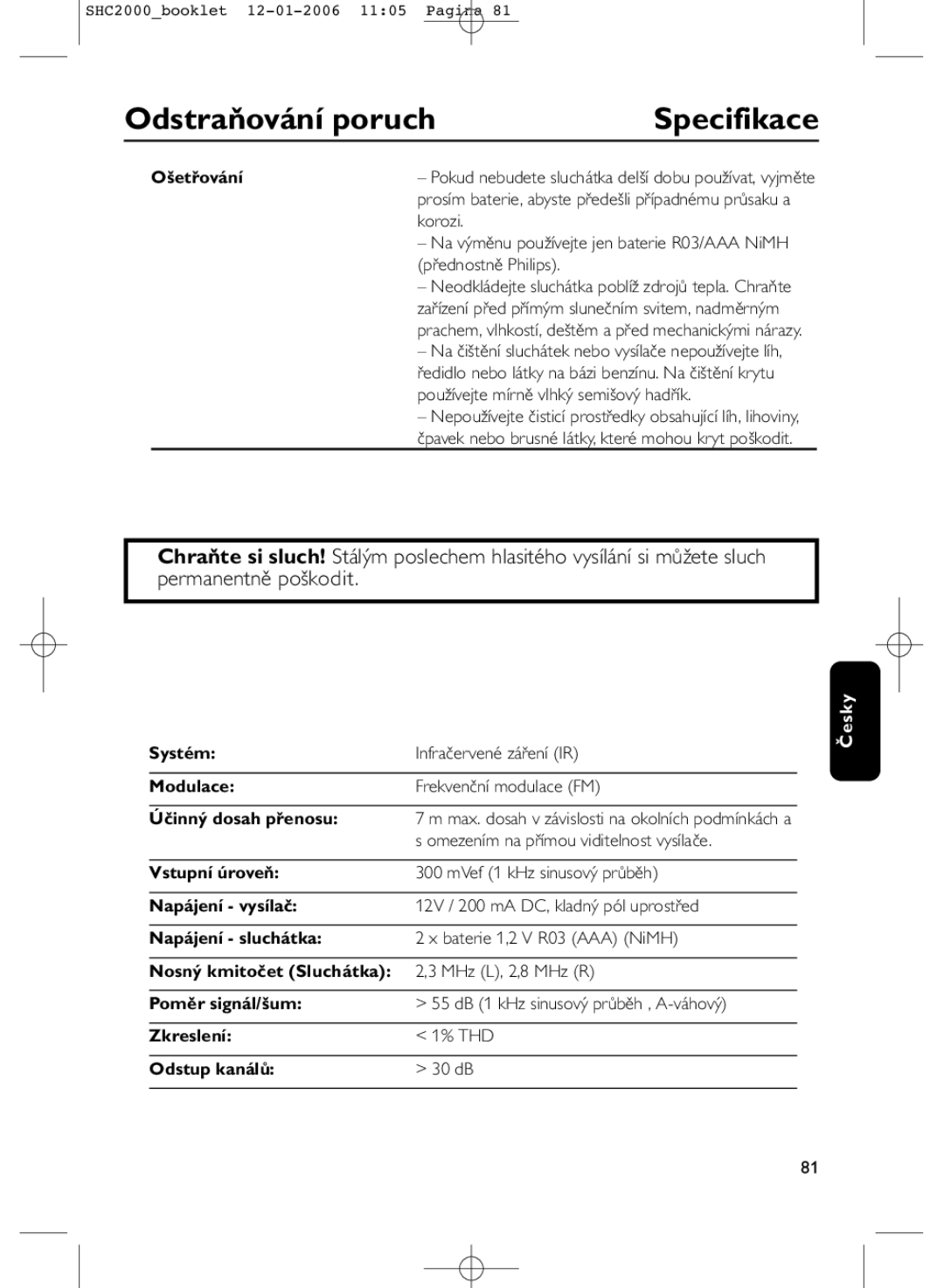 Philips SHC2000 manual Specifikace 