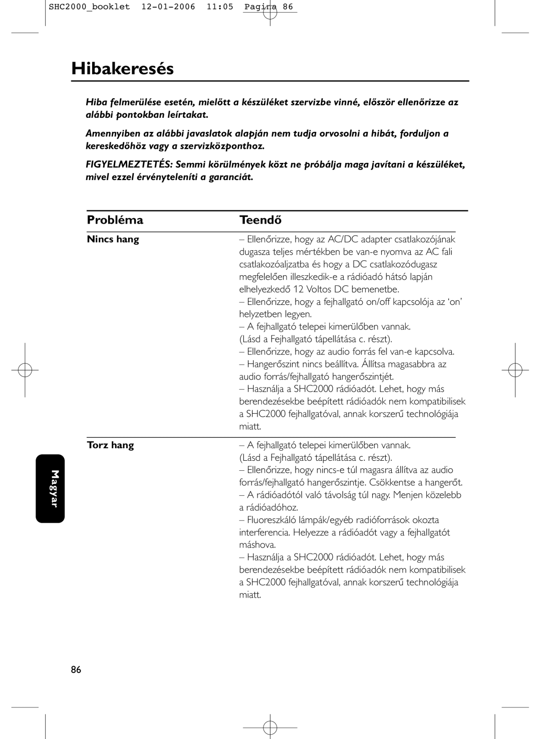 Philips SHC2000 manual Hibakeresés, Probléma Teendő, Nincs hang, Torz hang 