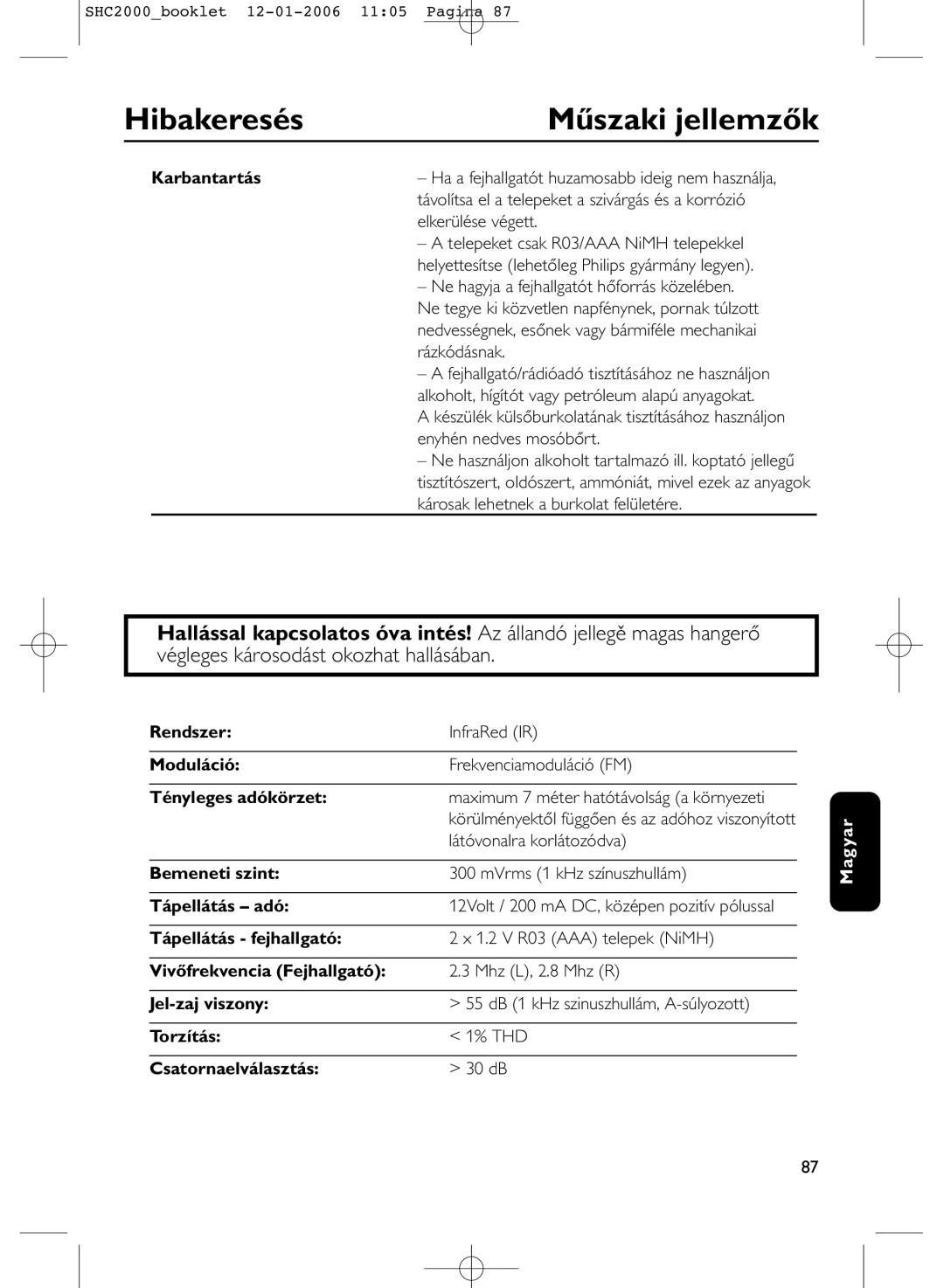 Philips SHC2000 manual Hibakeresés Műszaki jellemzők, Karbantartás, Látóvonalra korlátozódva 