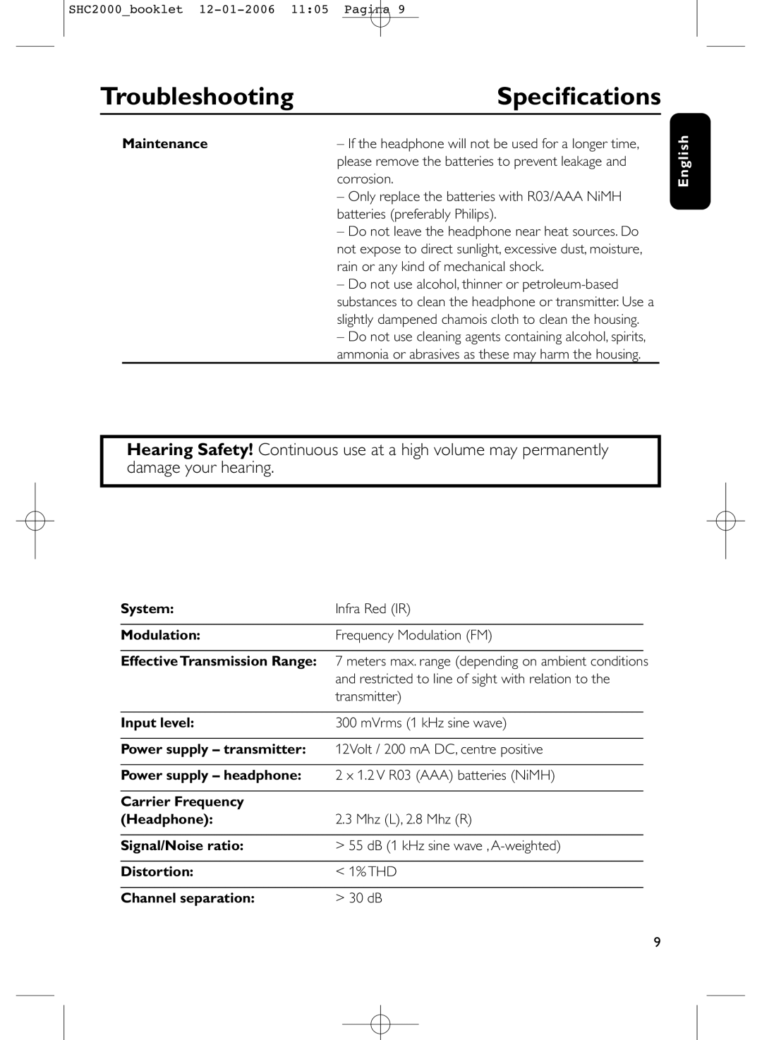 Philips SHC2000 manual Speciﬁcations 