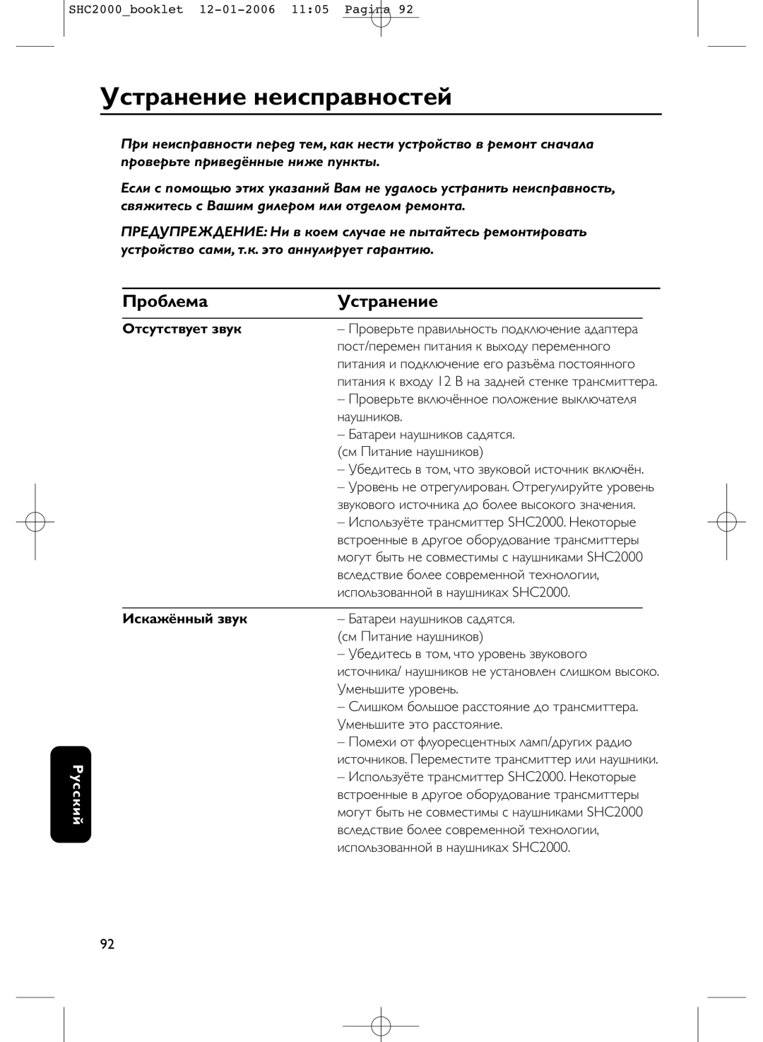 Philips SHC2000 manual Устpанение неиспpавностей, Пpоблема Устpанение, Отсутствует звук, Искажённый звук 