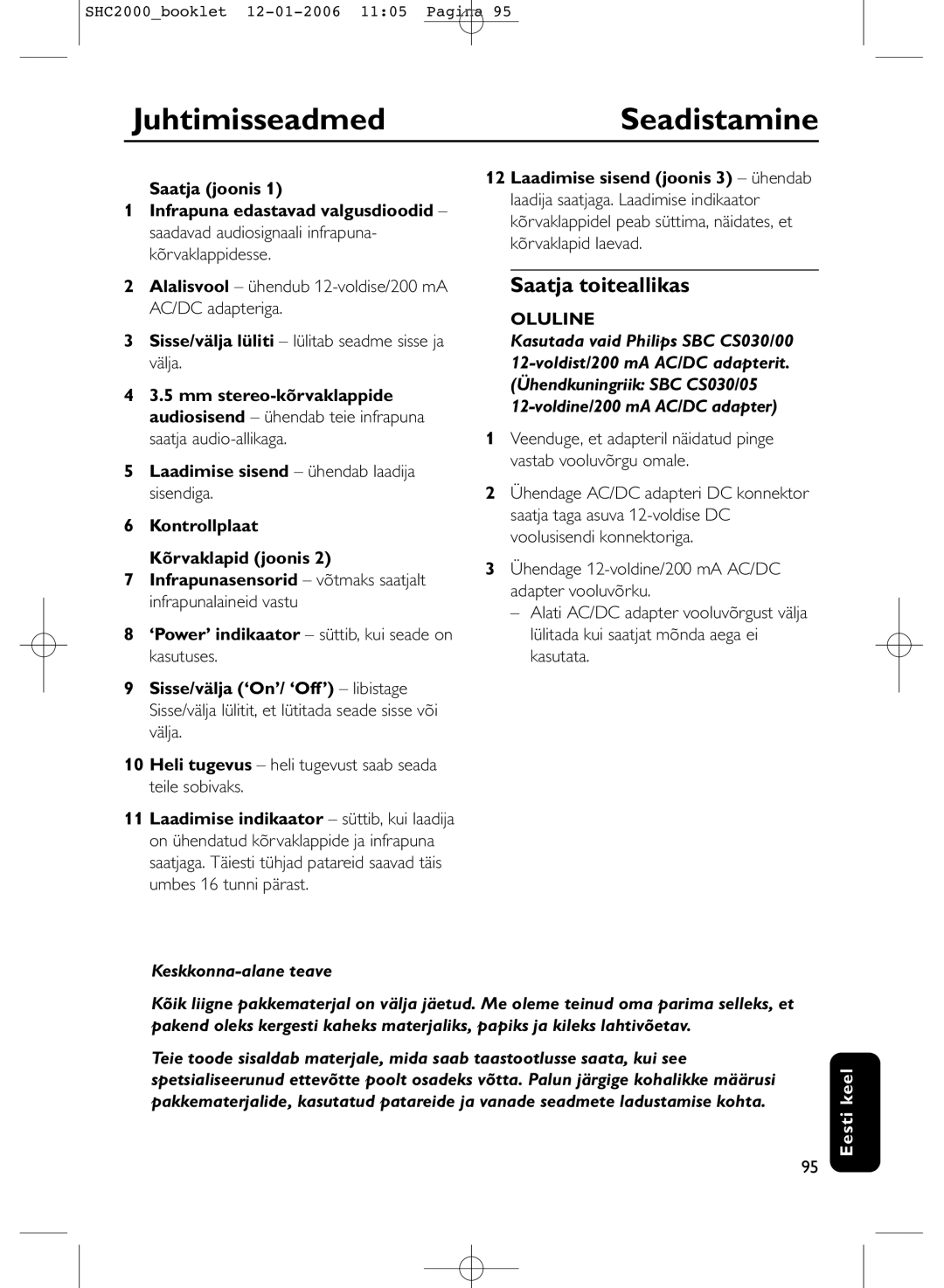 Philips SHC2000 JuhtimisseadmedSeadistamine, Saatja toiteallikas, Laadimise sisend joonis 3 ühendab, Keskkonna-alane teave 