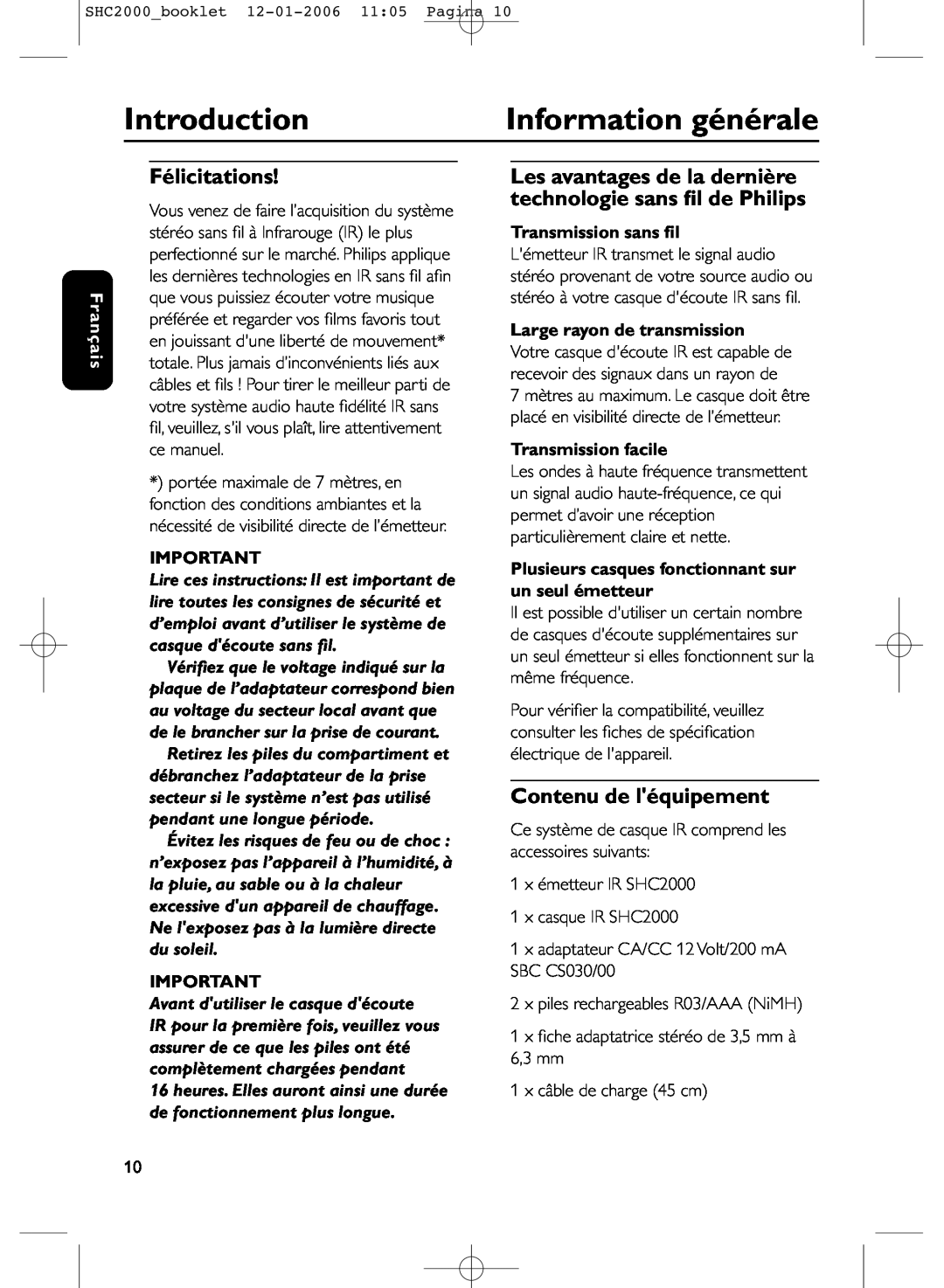 Philips SHC2000 Information générale, Félicitations, Contenu de léquipement, Introduction, Français, Transmission sans ﬁl 