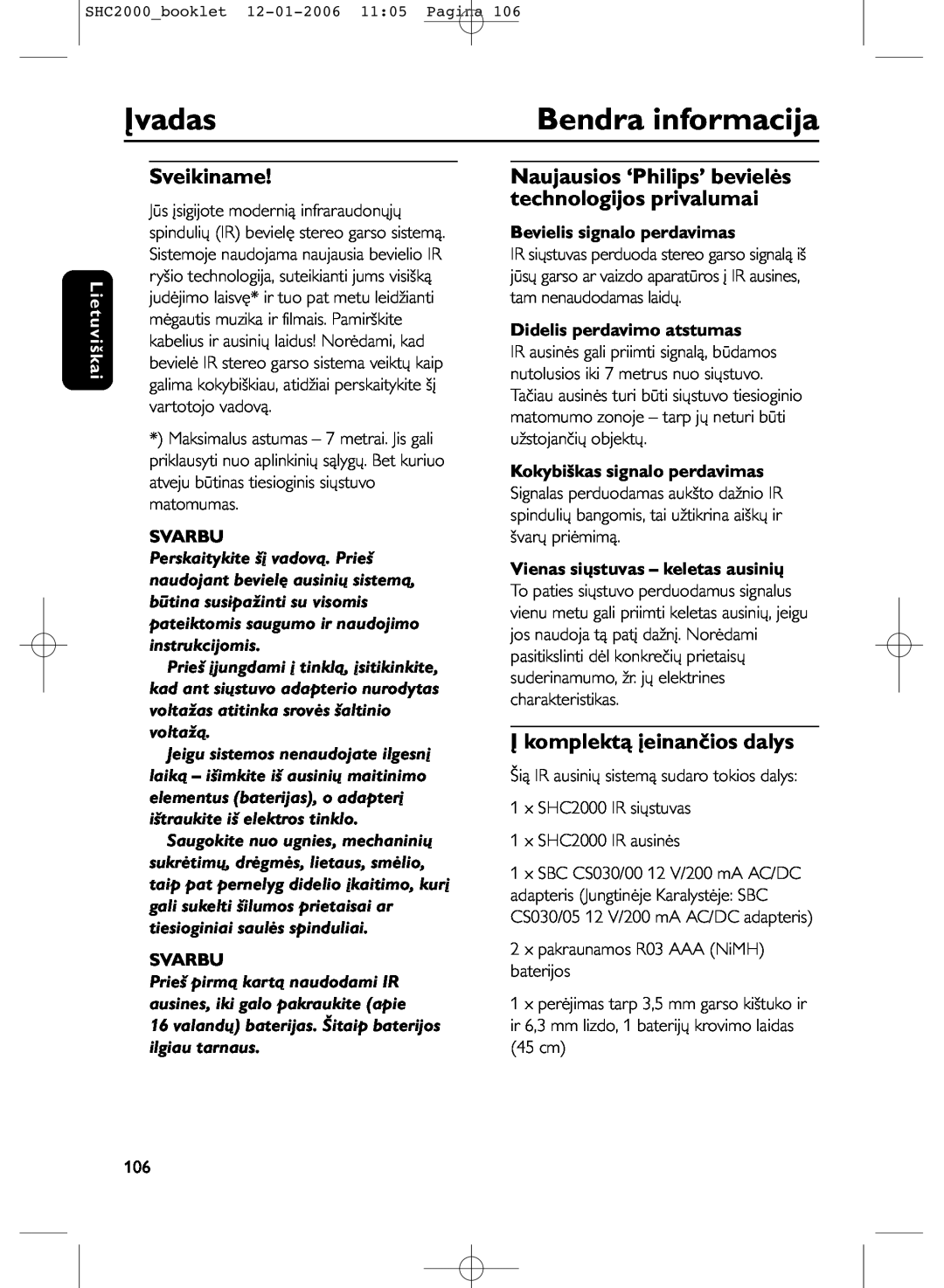 Philips SHC2000 manual Įvadas, Bendra informacija, Sveikiname, Į komplektą įeinančios dalys, Lietuviškai, Svarbu 