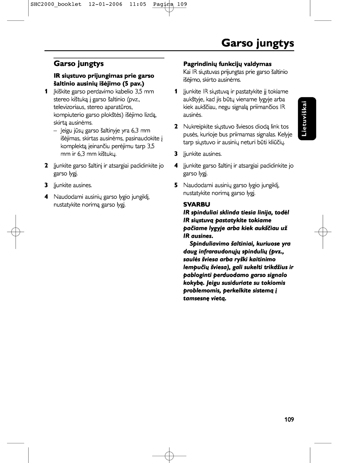 Philips SHC2000 manual Garso jungtys, Pagrindinių funkcijų valdymas, Svarbu, Lietuviškai 