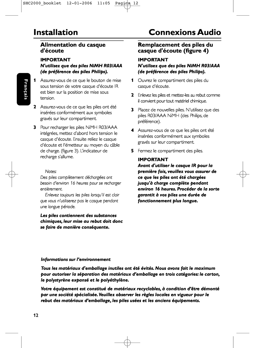 Philips SHC2000 manual Connexions Audio, Alimentation du casque découte, Installation, Français 