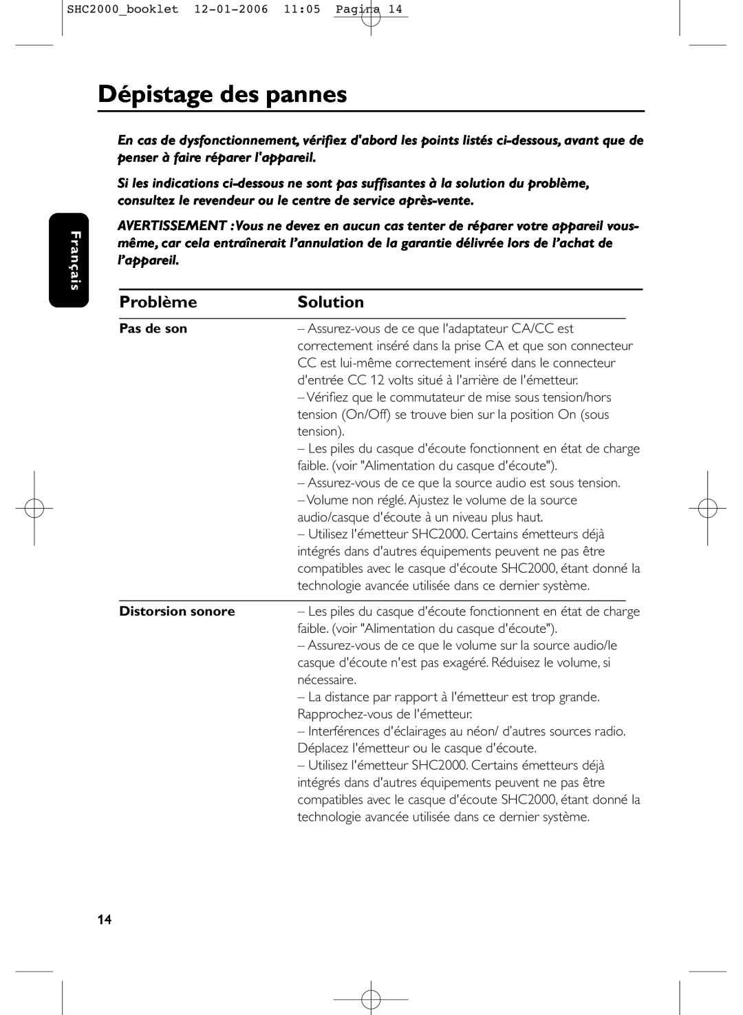 Philips SHC2000 manual Dépistage des pannes, Problème, Solution, Français, Pas de son, Distorsion sonore 