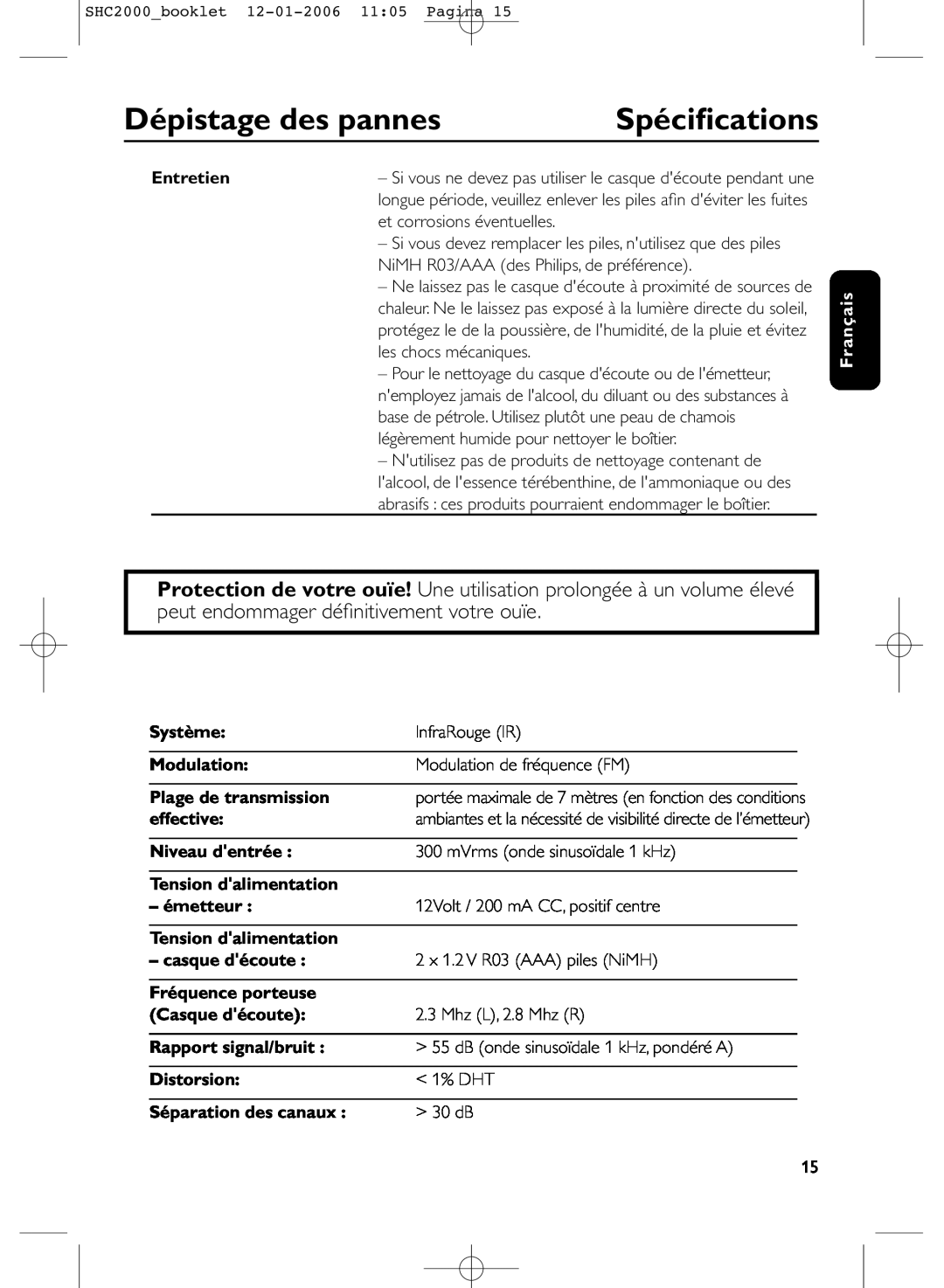 Philips SHC2000 Spéciﬁcations, Dépistage des pannes, Entretien, Français, Système, InfraRouge IR, Modulation, effective 