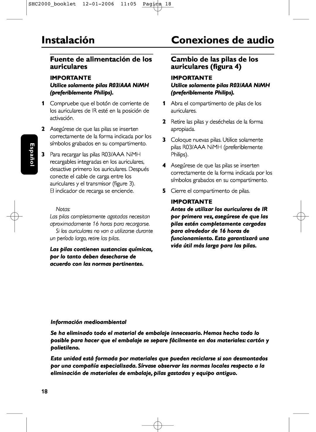 Philips SHC2000 manual Instalación, Conexiones de audio, Fuente de alimentación de los auriculares, Español, Importante 