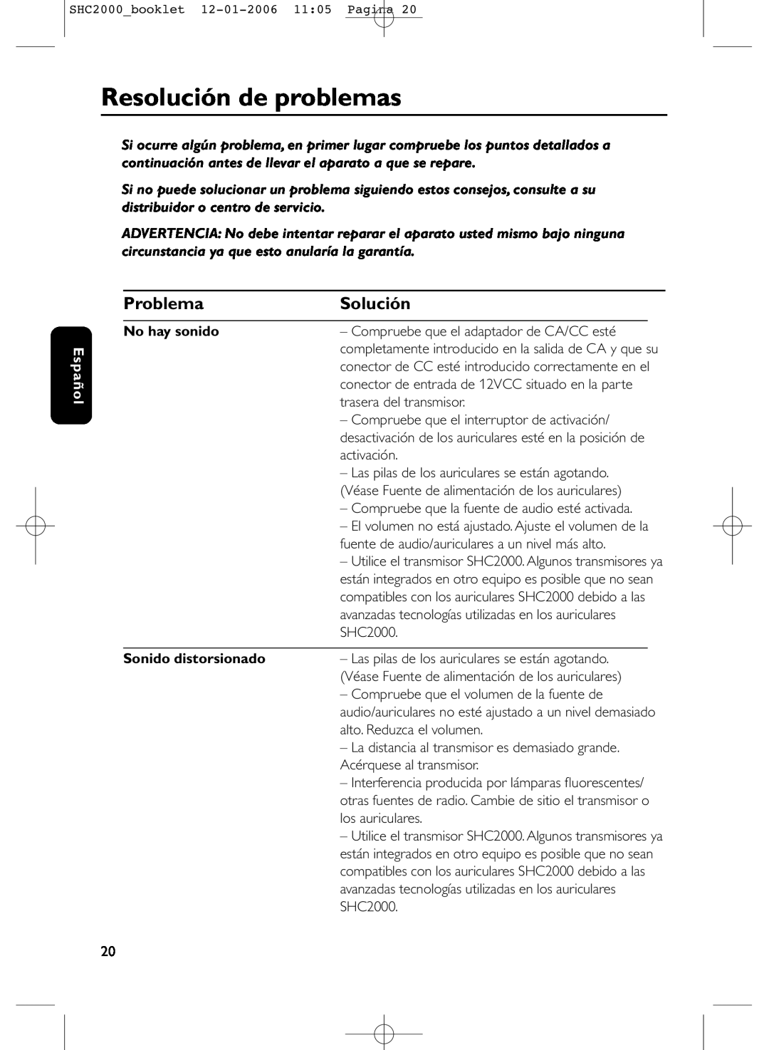 Philips SHC2000 manual Resolución de problemas, Problema, Solución, Español, No hay sonido, Sonido distorsionado 