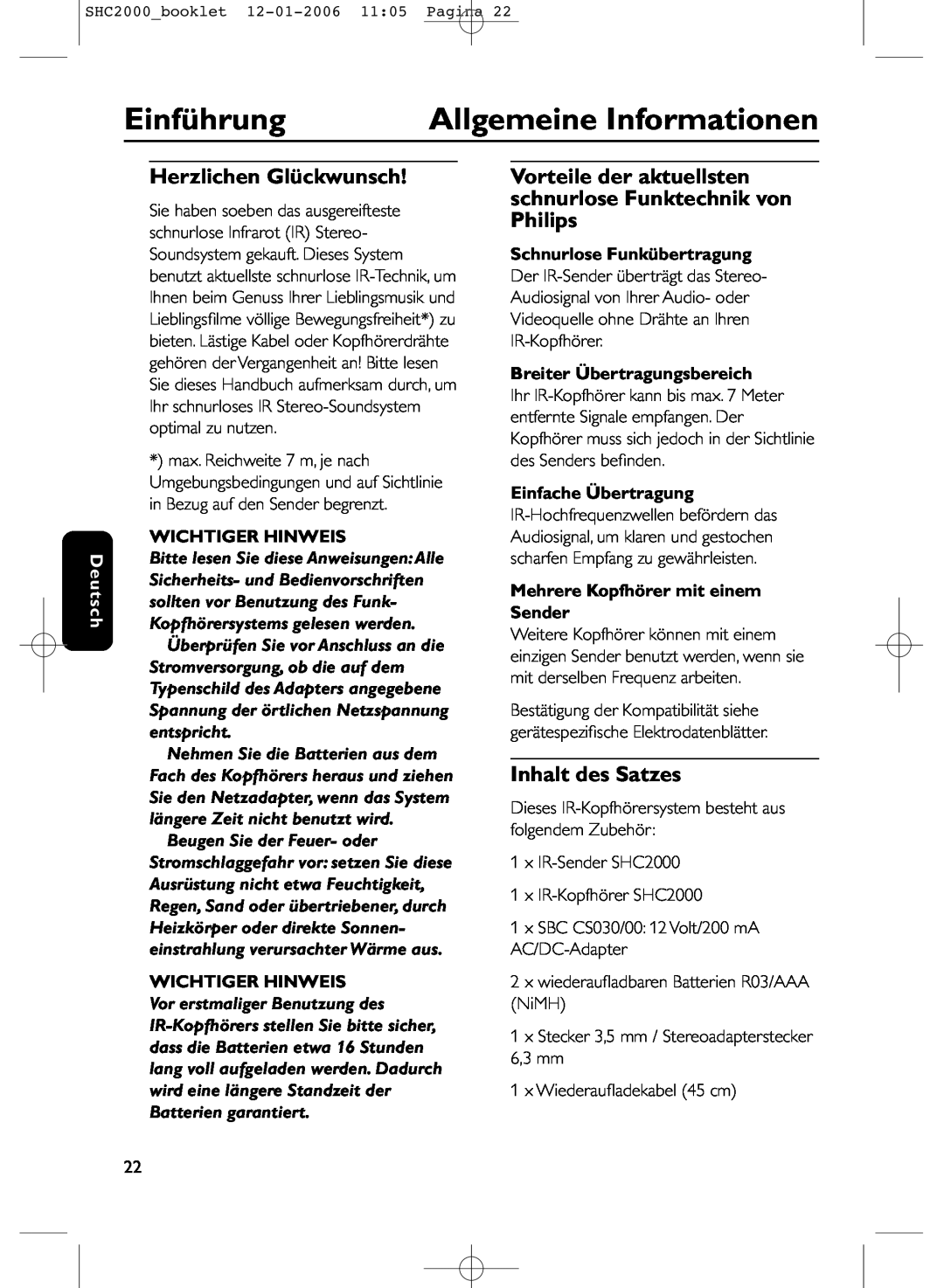 Philips SHC2000 manual Einführung, Allgemeine Informationen, Herzlichen Glückwunsch, Inhalt des Satzes, Deutsch 