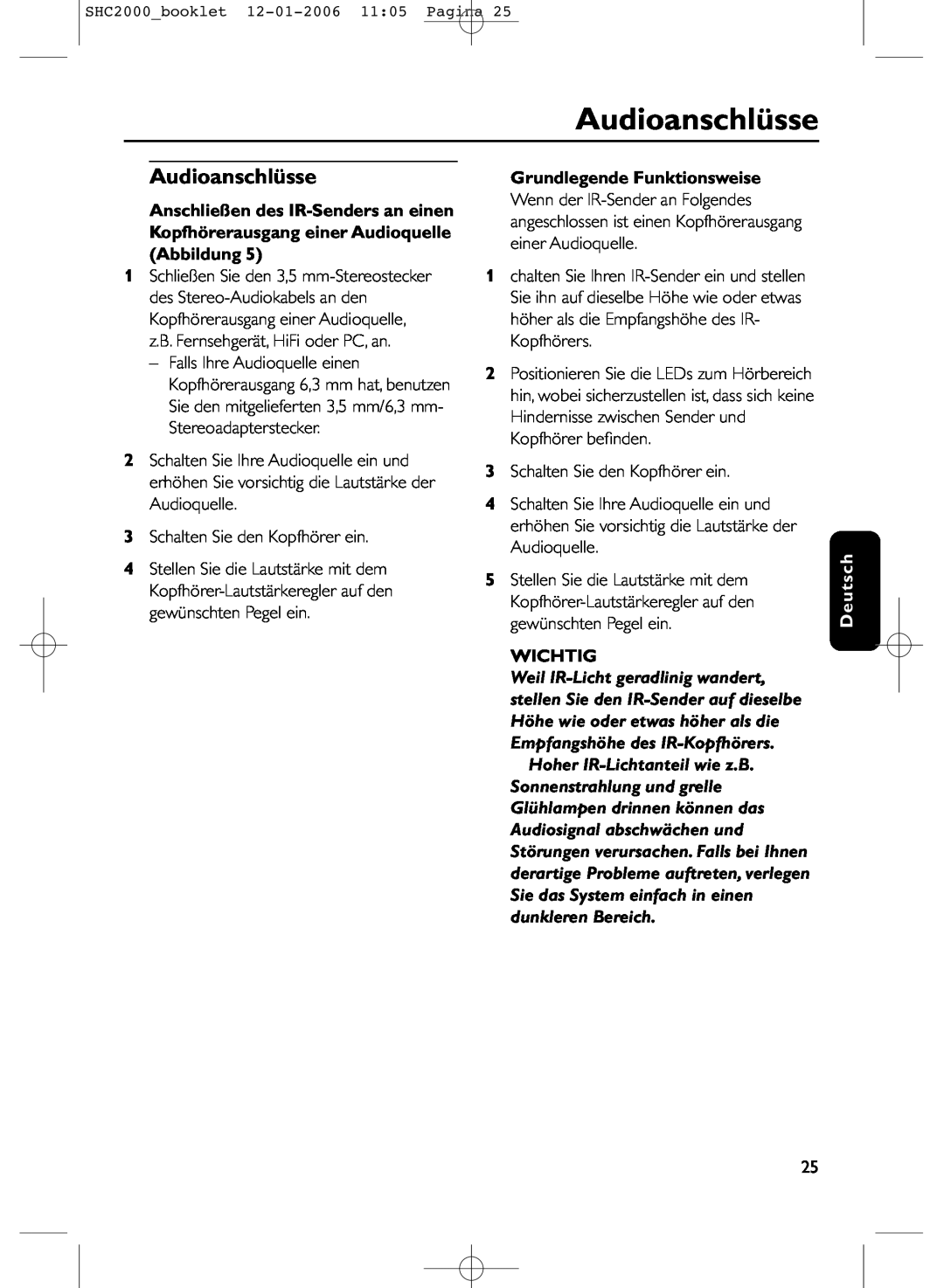 Philips SHC2000 manual Audioanschlüsse, Grundlegende Funktionsweise, Wichtig, Deutsch 