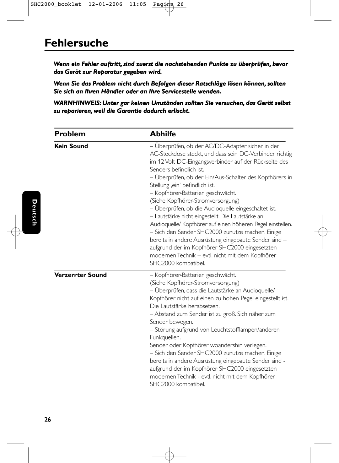 Philips SHC2000 manual Fehlersuche, Abhilfe, Problem, Deutsch, Kein Sound, Verzerrter Sound 