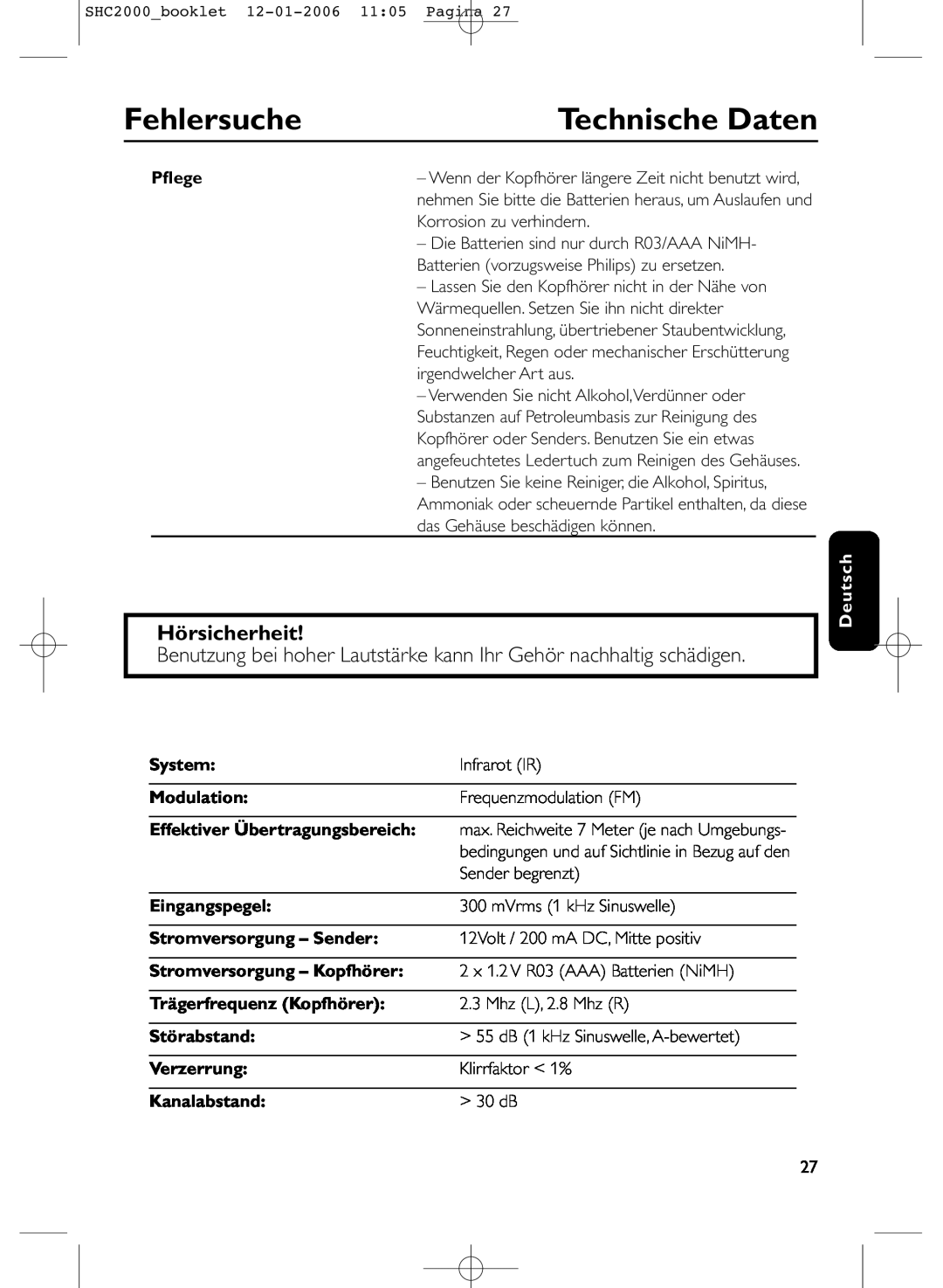 Philips SHC2000 manual Technische Daten, Hörsicherheit, Fehlersuche, Pﬂege, Deutsch, System, Modulation, Eingangspegel 