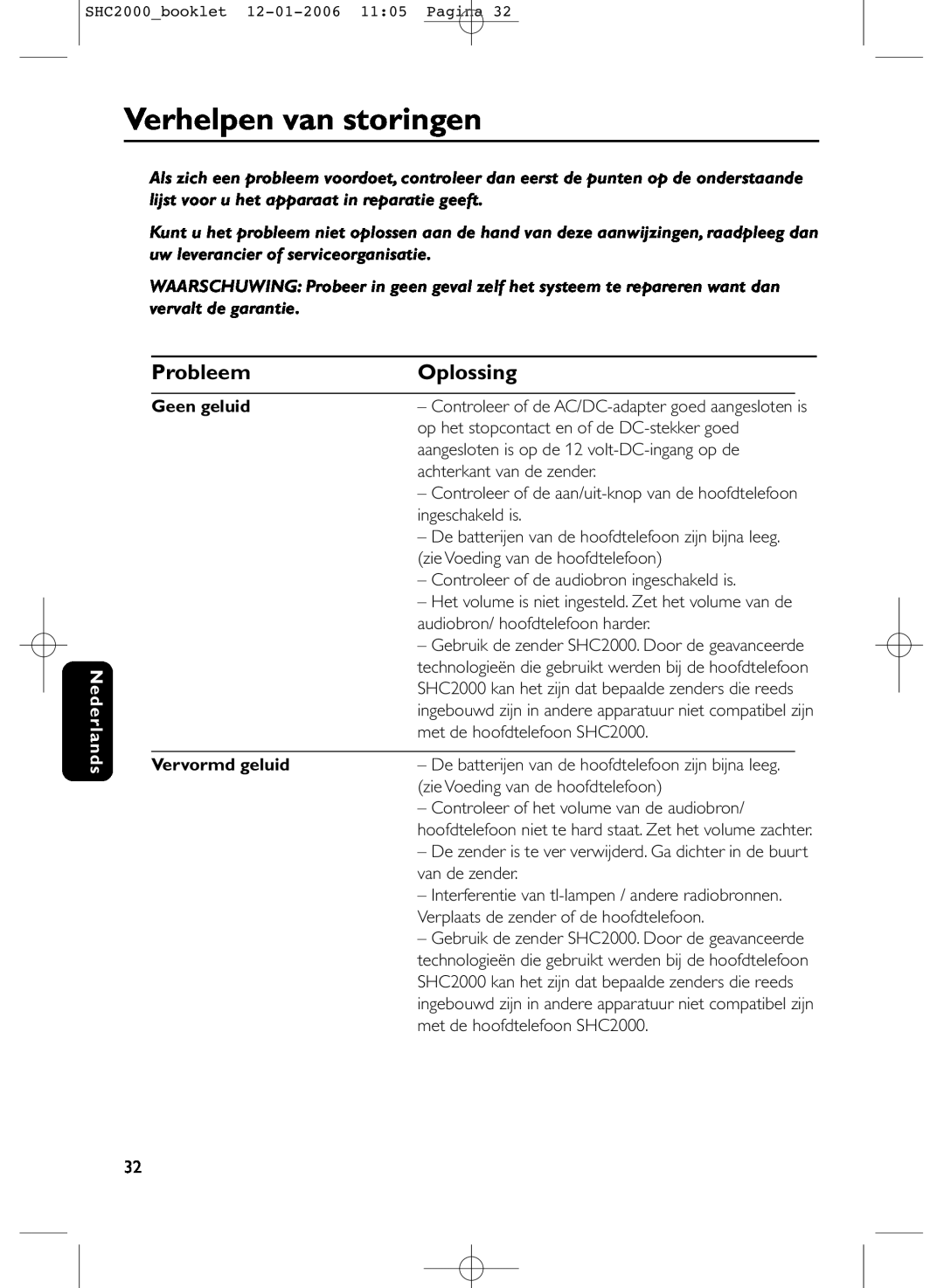Philips SHC2000 manual Verhelpen van storingen, Probleem, Oplossing, Nederlands, Geen geluid, Vervormd geluid 