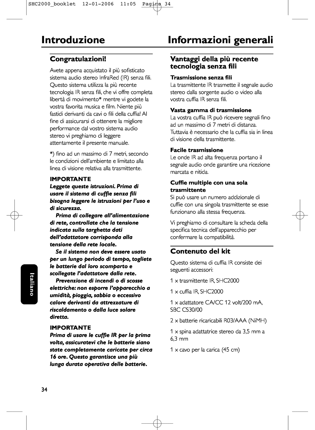 Philips SHC2000 manual Introduzione, Informazioni generali, Congratulazioni, Contenuto del kit, Italiano, Importante 