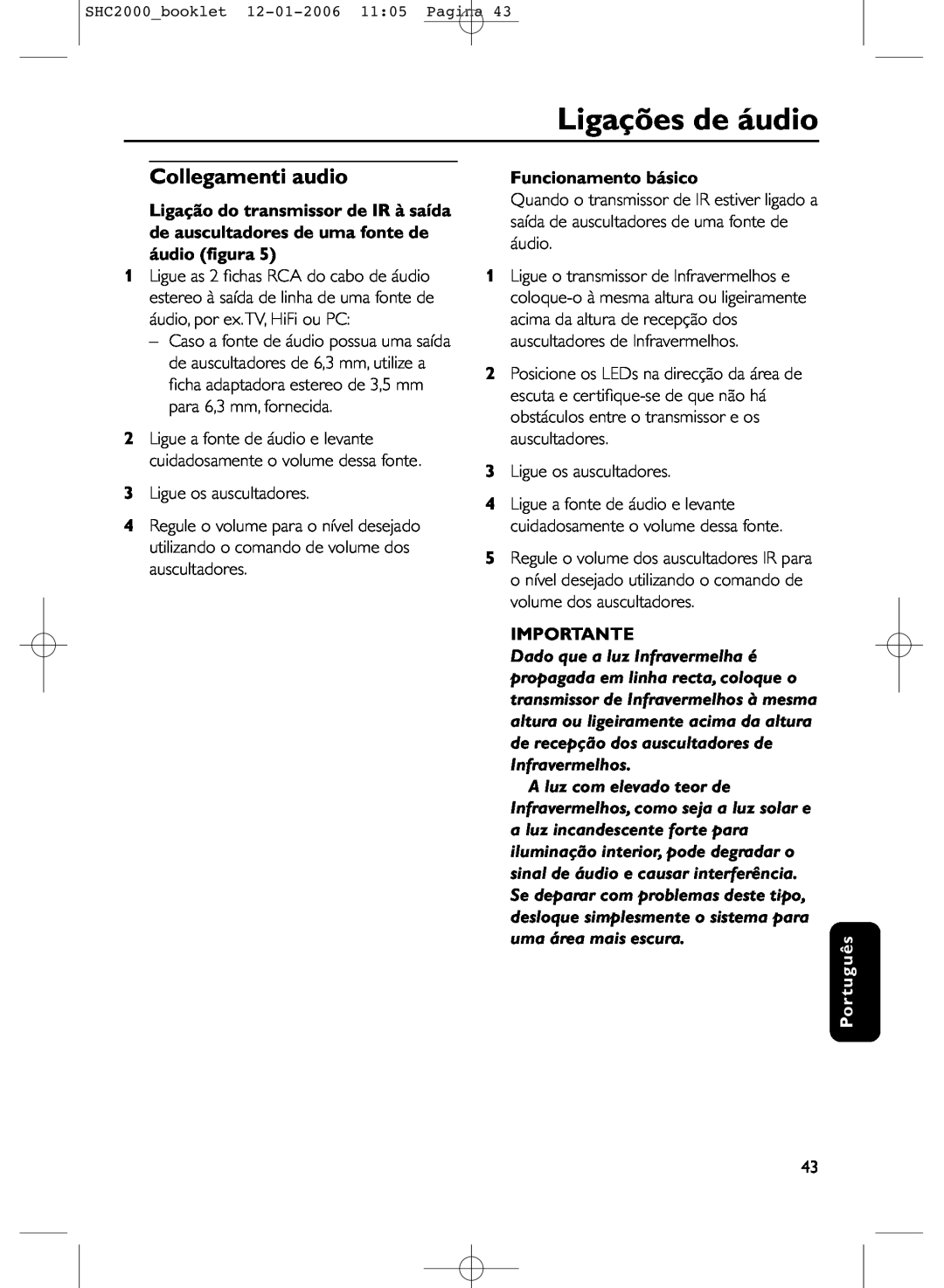 Philips SHC2000 manual Ligações de áudio, Collegamenti audio, Funcionamento básico, Importante, Português 
