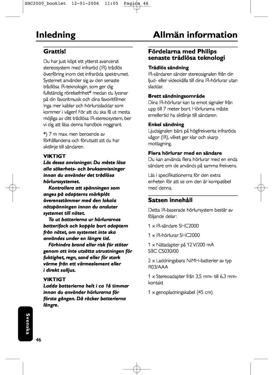 Philips SHC2000 manual Inledning, Allmän information, Grattis, Satsen innehåll, Viktigt, Svenska, Trådlös sändning 