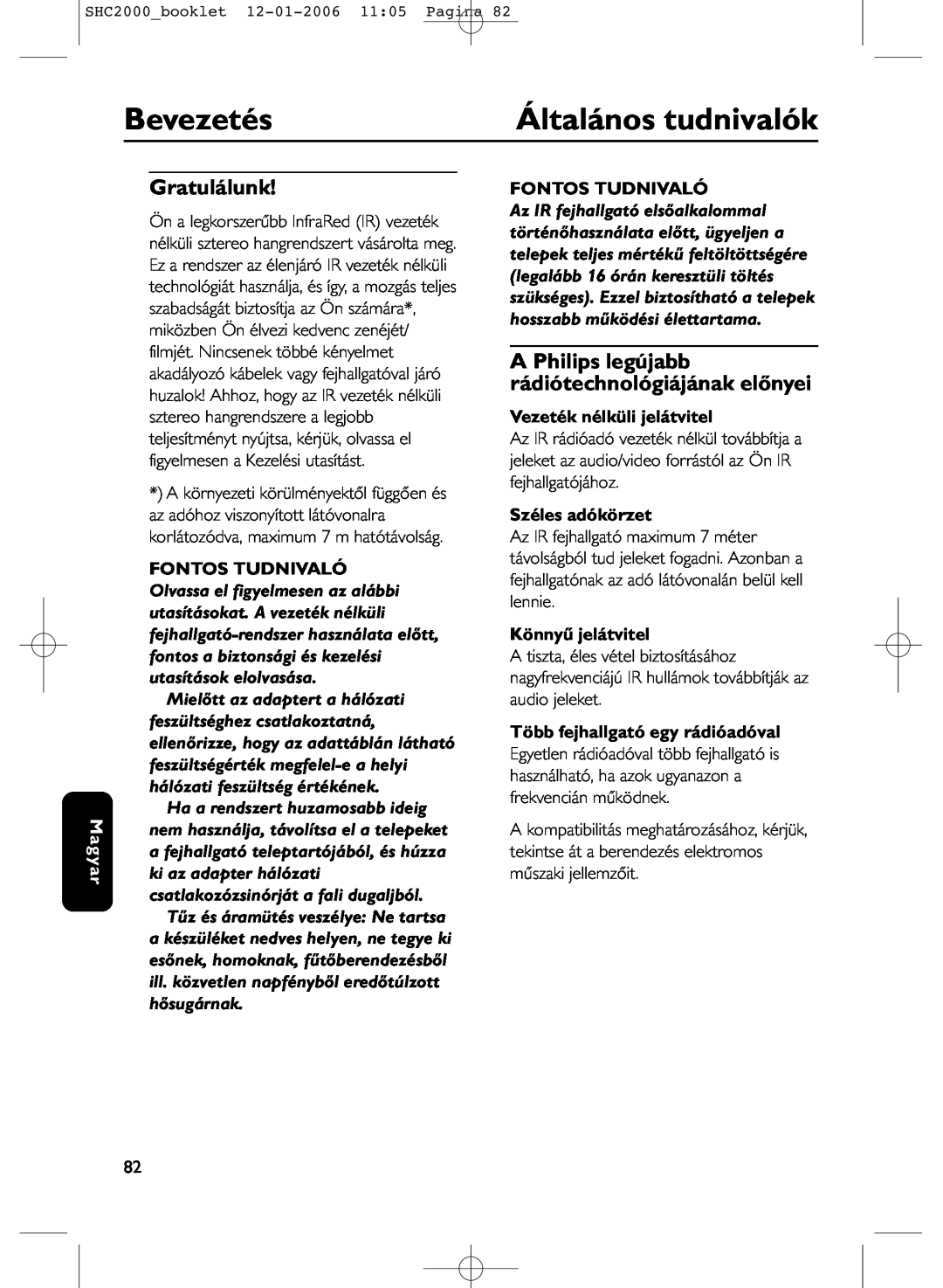 Philips SHC2000 manual Bevezetés, Általános tudnivalók, Gratulálunk, Magyar, Fontos Tudnivaló, Vezeték nélküli jelátvitel 