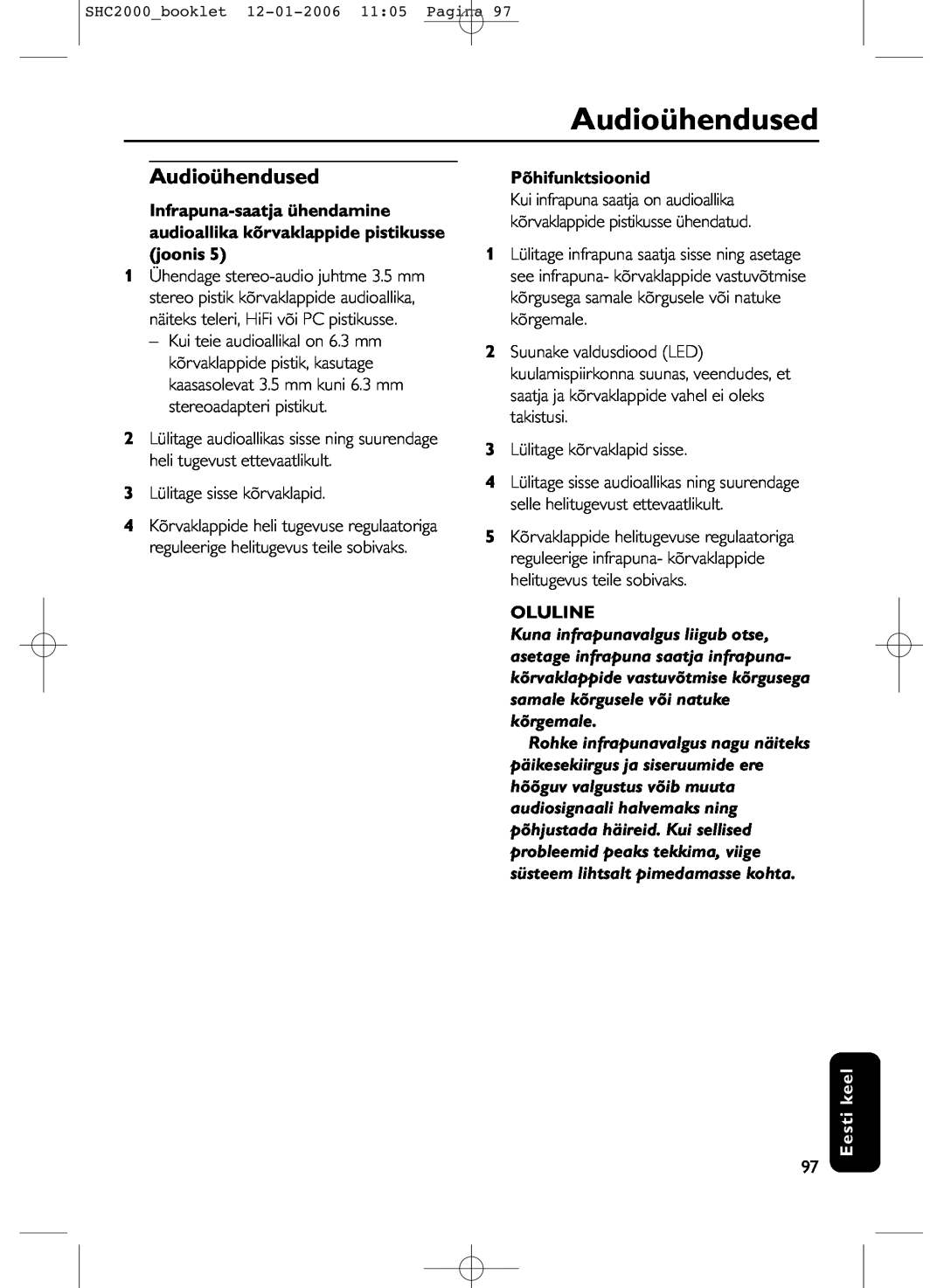 Philips SHC2000 manual Audioühendused, Põhifunktsioonid, Oluline, Eesti keel 