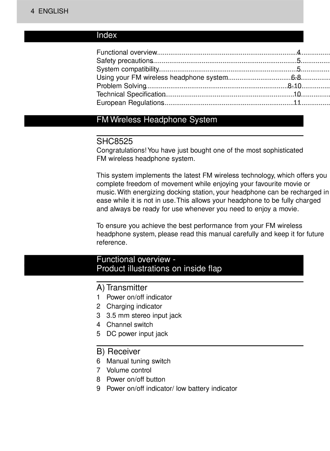 Philips SHC8525/00 manual Index, FM Wireless Headphone System, Functional overview Product illustrations on inside flap 