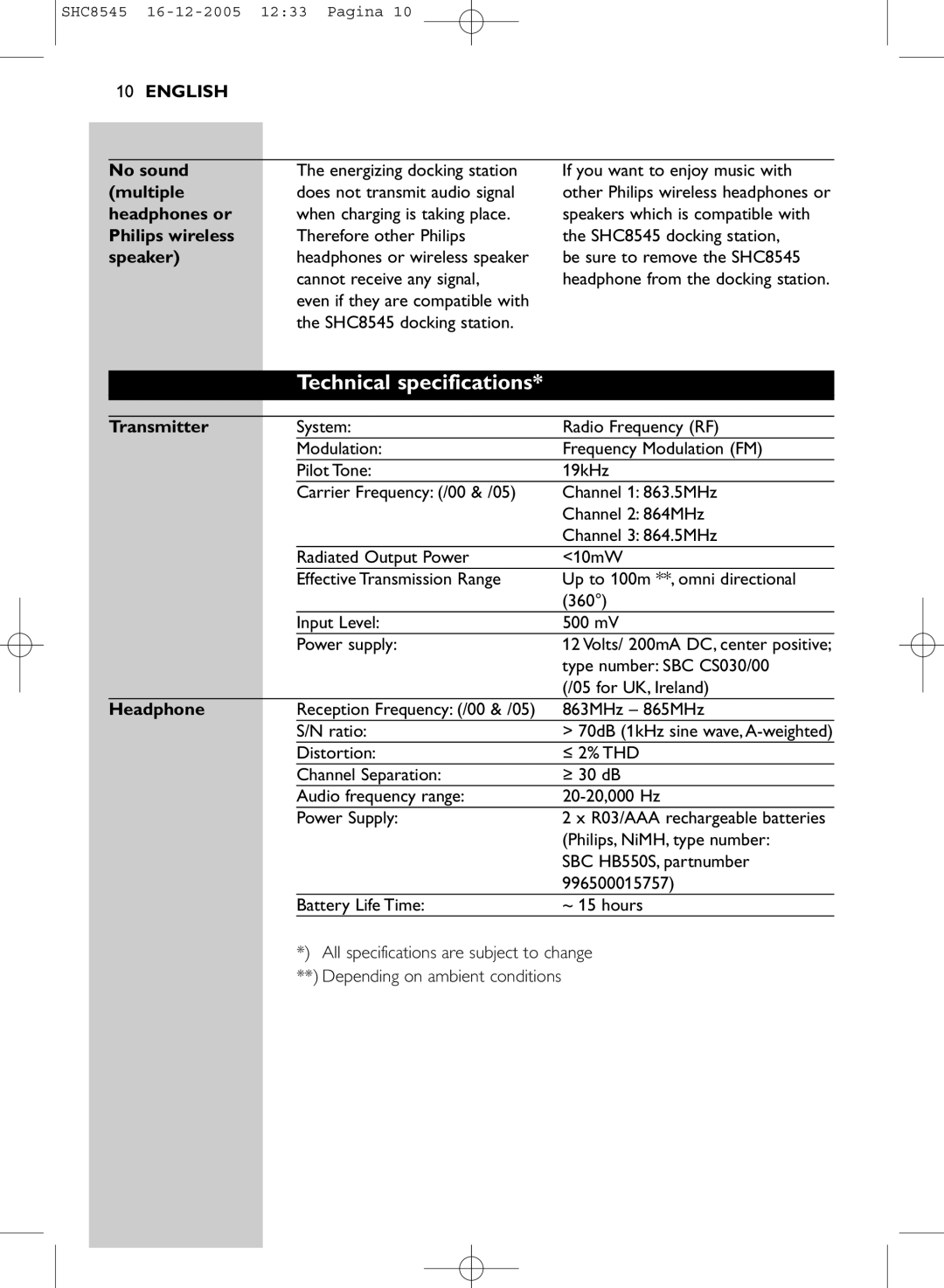 Philips SHC8545 manual Technical specifications 