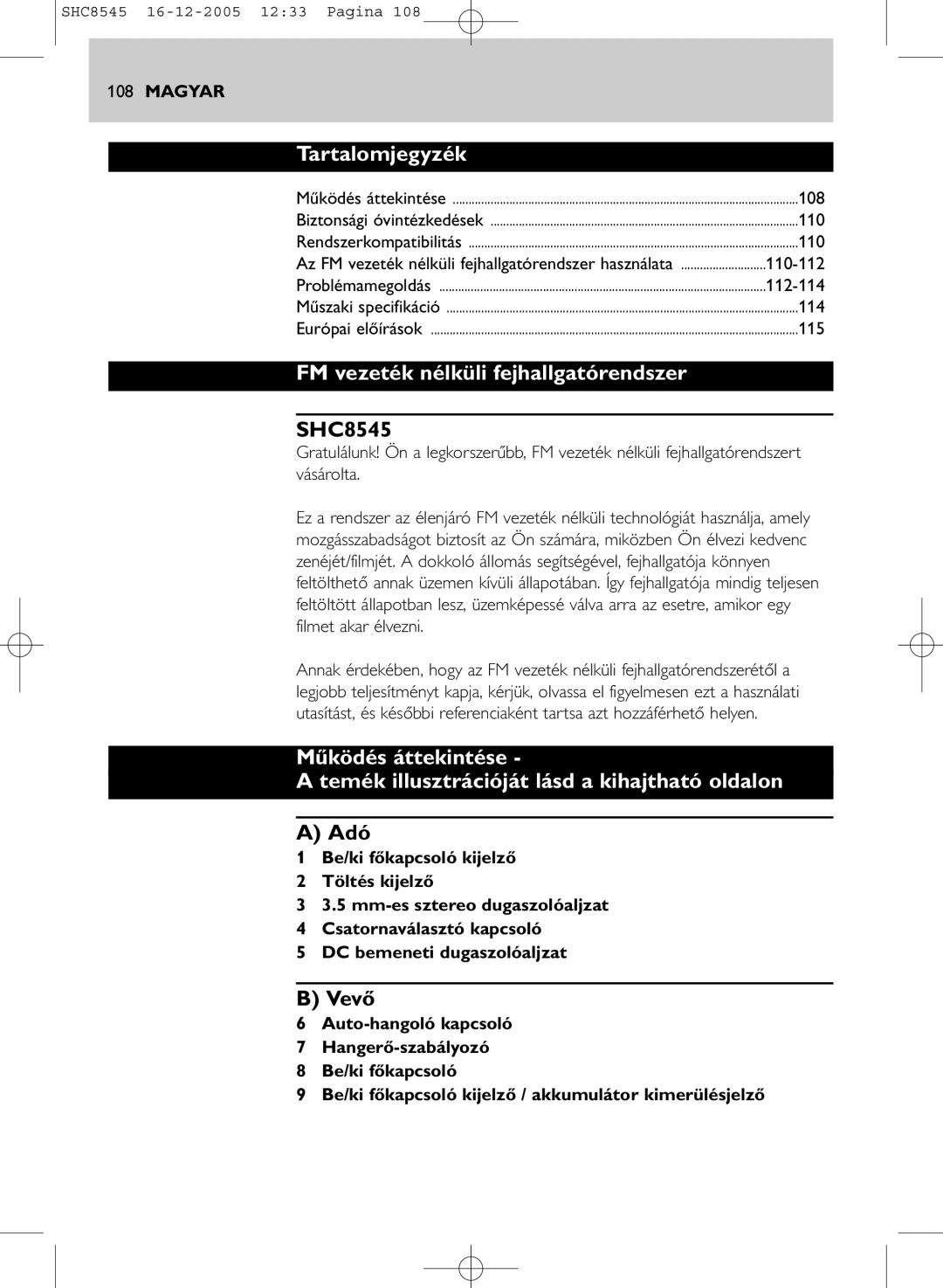 Philips SHC8545 manual Tartalomjegyzék, FM vezeték nélküli fejhallgatórendszer, Adó, Vevő 