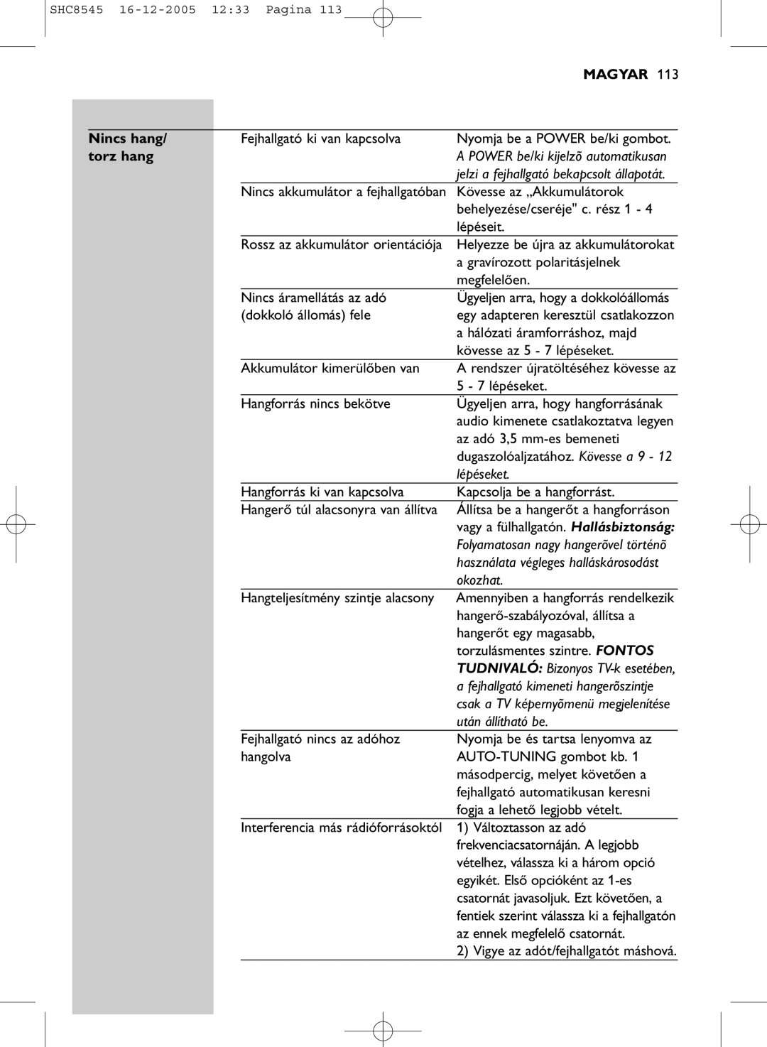 Philips SHC8545 manual Nincs hang, Torz hang, Lépéseket, Okozhat, Után állítható be 