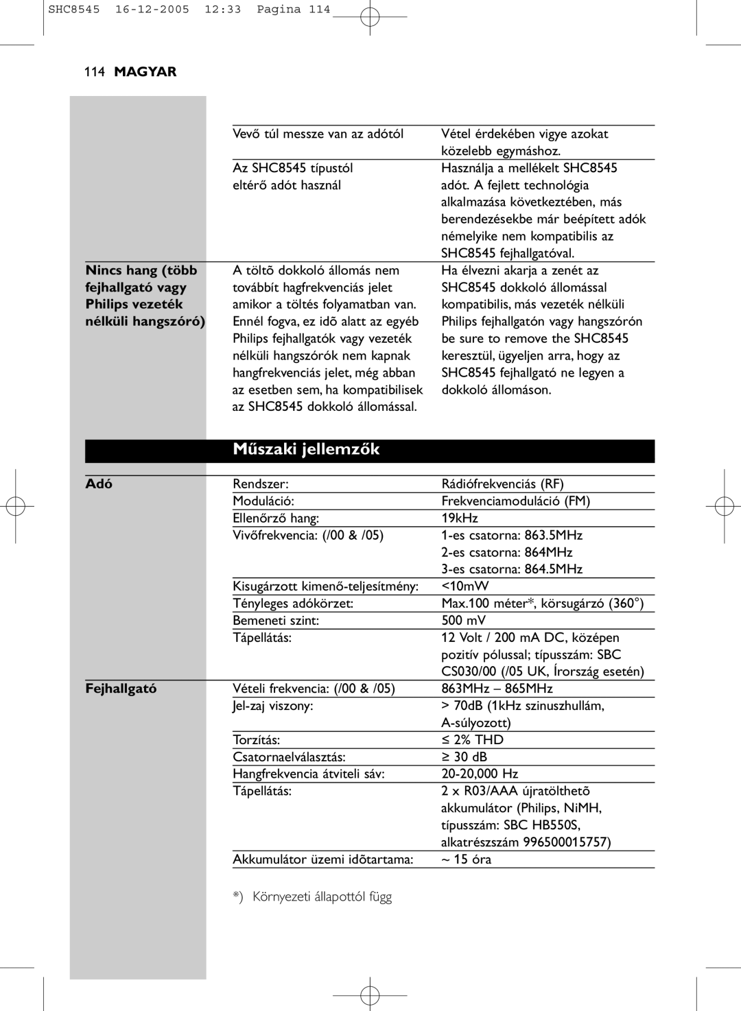 Philips SHC8545 manual Műszaki jellemzők 