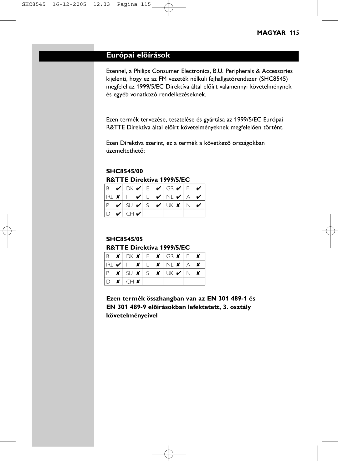 Philips manual Európai elõírások, SHC8545/00 TTE Direktíva 1999/5/EC, SHC8545/05 TTE Direktíva 1999/5/EC 