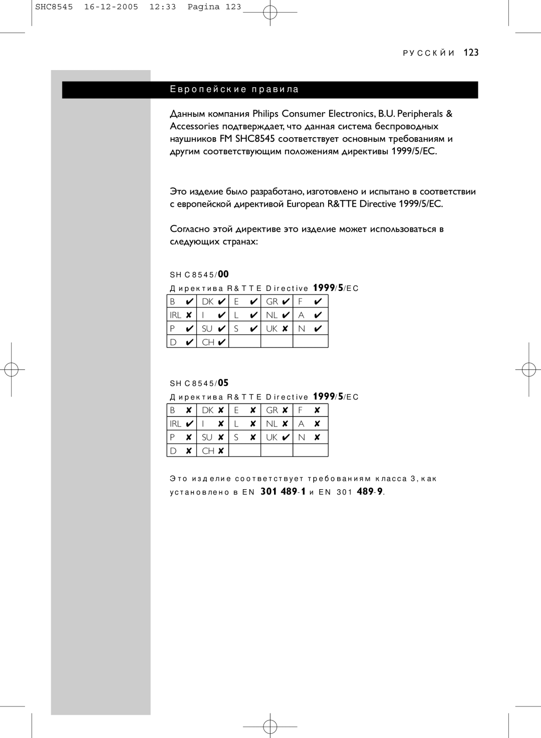 Philips manual Европейские правила, SHC8545/00 Директива R&TTE Directive 1999/5/EC 