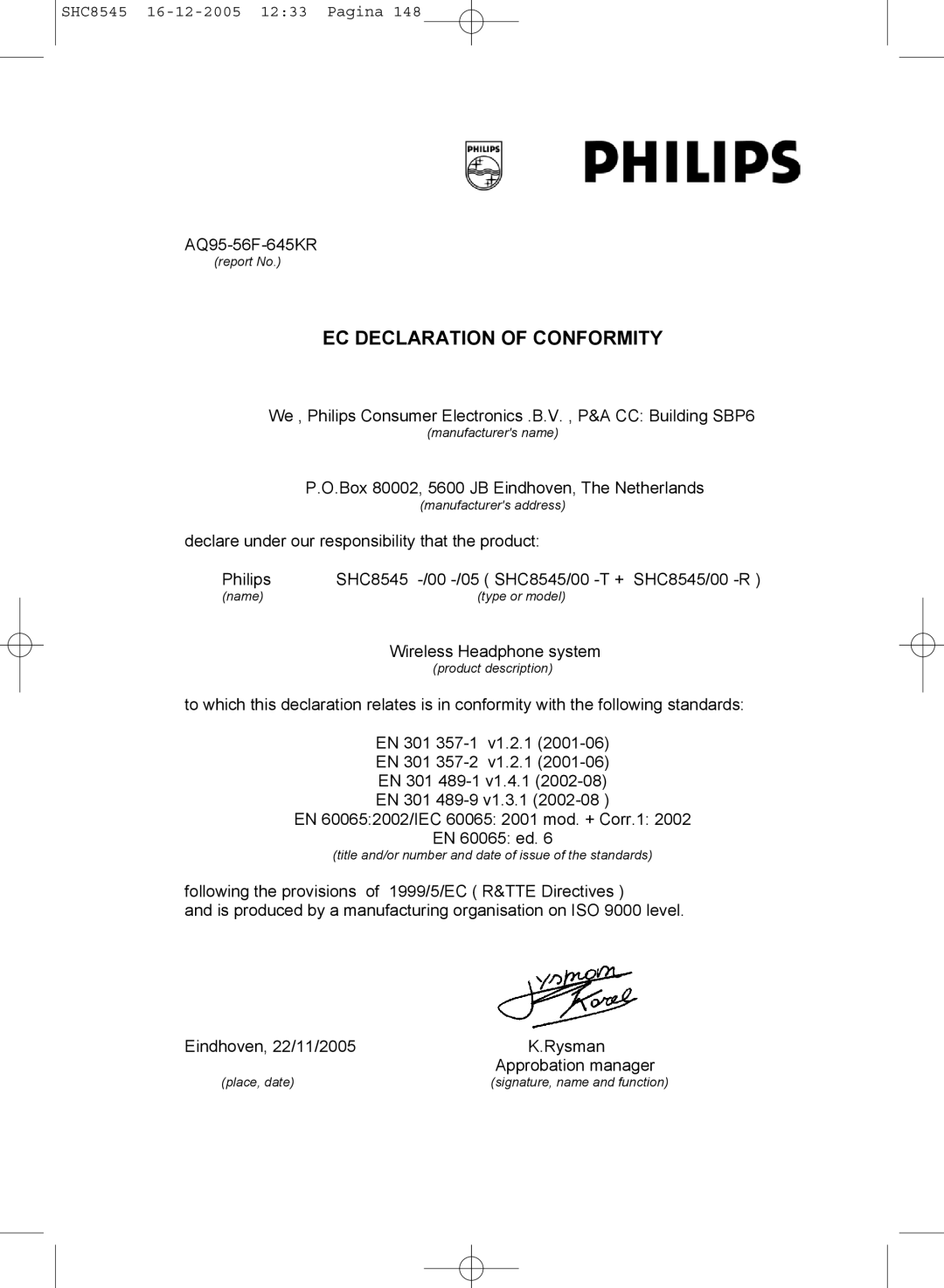 Philips SHC8545 manual EC Declaration of Conformity 