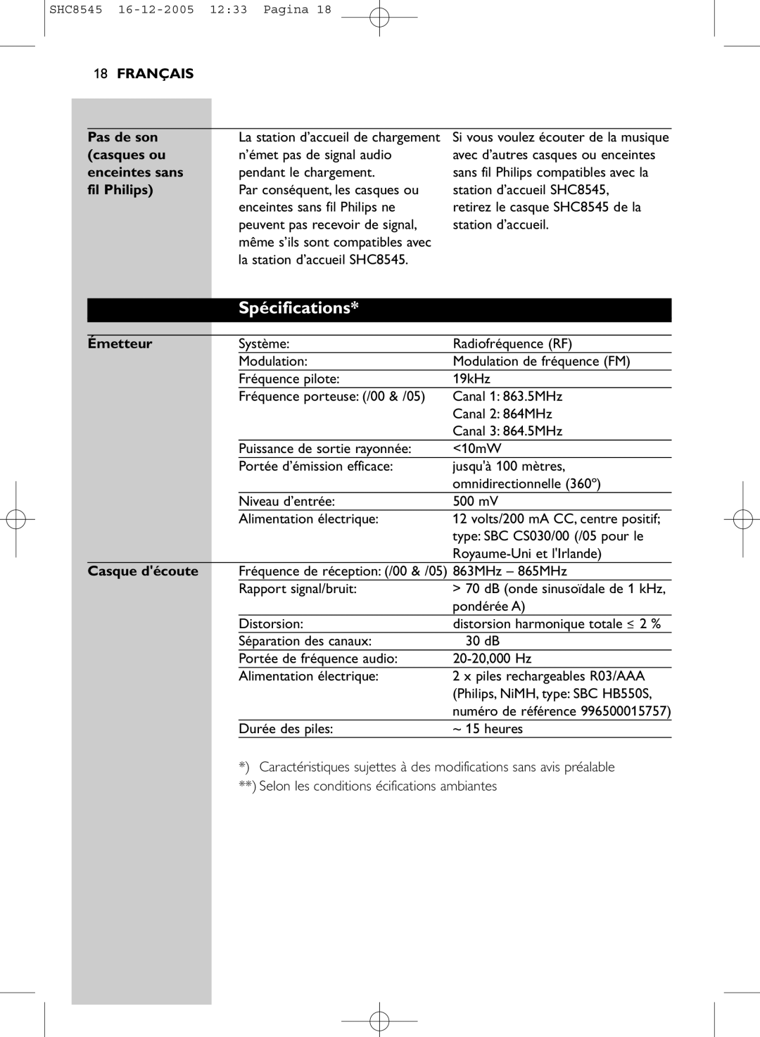 Philips SHC8545 manual Spécifications 