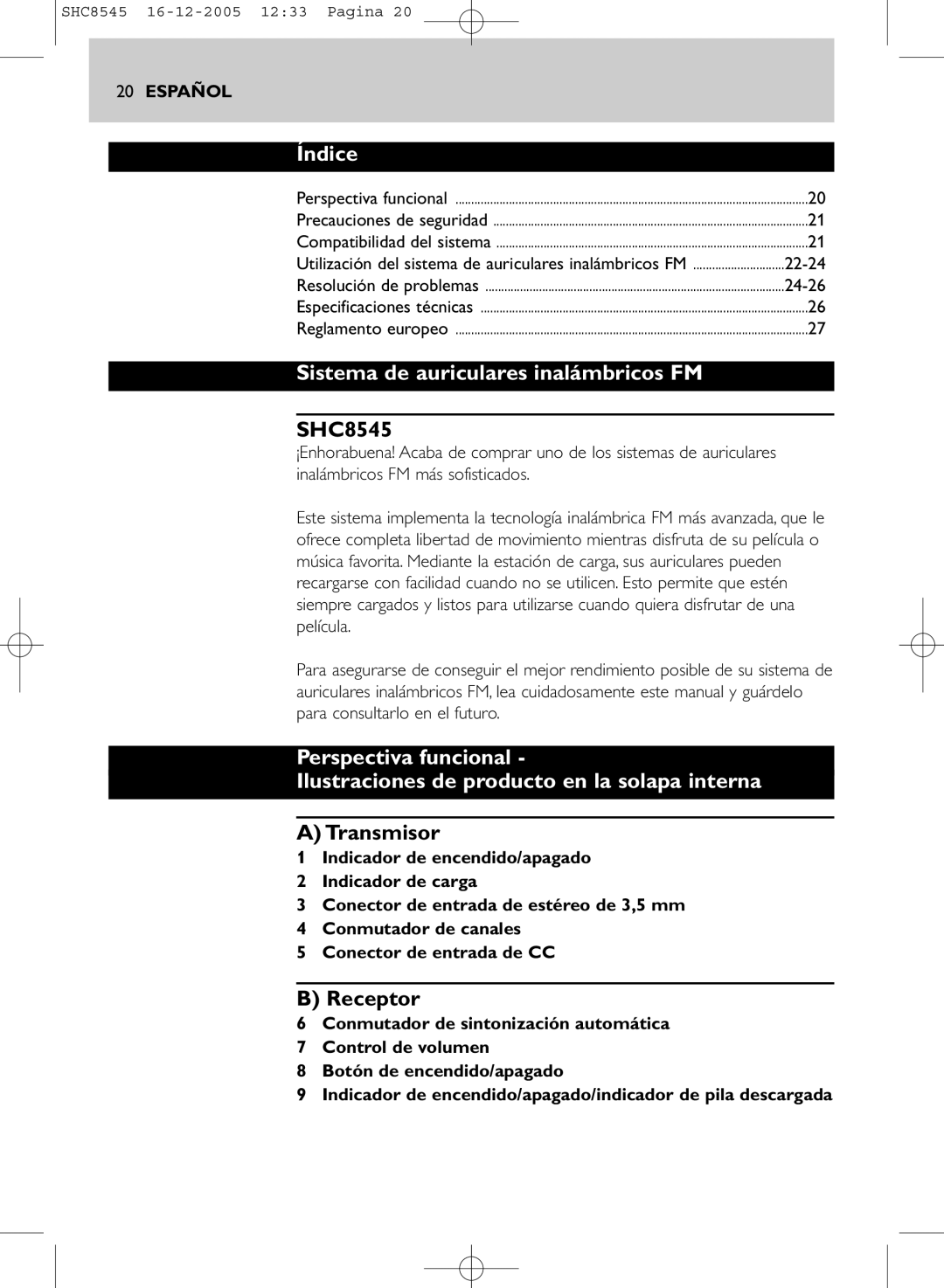 Philips SHC8545 manual Índice, Sistema de auriculares inalámbricos FM, Transmisor, Receptor 