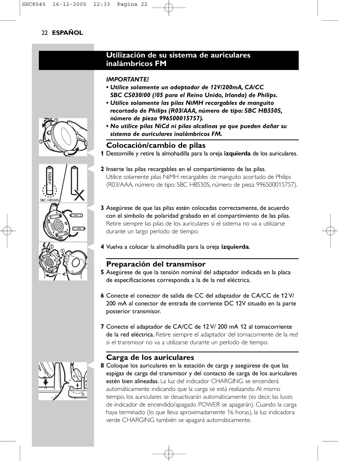 Philips SHC8545 manual Utilización de su sistema de auriculares inalámbricos FM, Colocación/cambio de pilas, Importante 