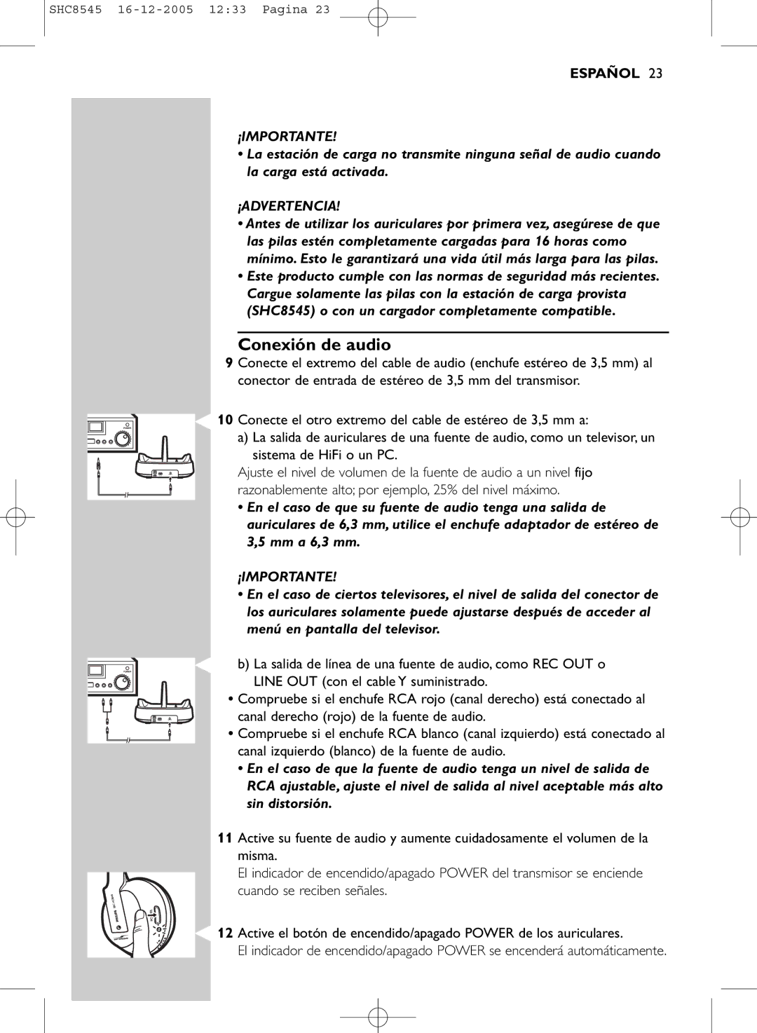 Philips SHC8545 manual Conexión de audio, ¡Importante, ¡Advertencia 