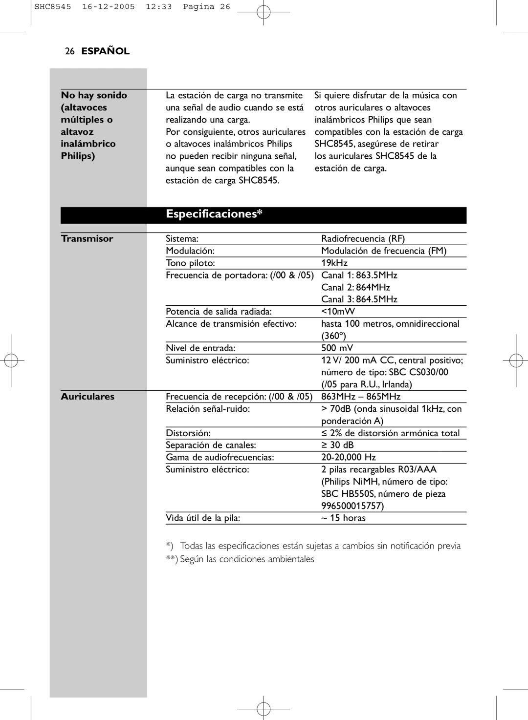 Philips SHC8545 manual Especificaciones 