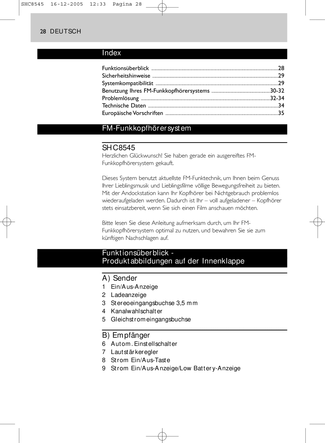 Philips SHC8545 manual FM-Funkkopfhörersystem, Funktionsüberblick Produktabbildungen auf der Innenklappe, Sender, Empfänger 