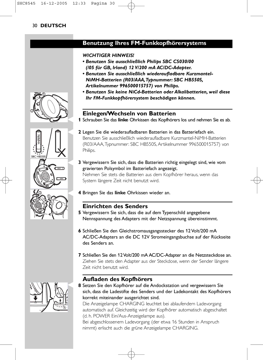 Philips SHC8545 manual Benutzung Ihres FM-Funkkopfhörersystems, Einlegen/Wechseln von Batterien, Einrichten des Senders 