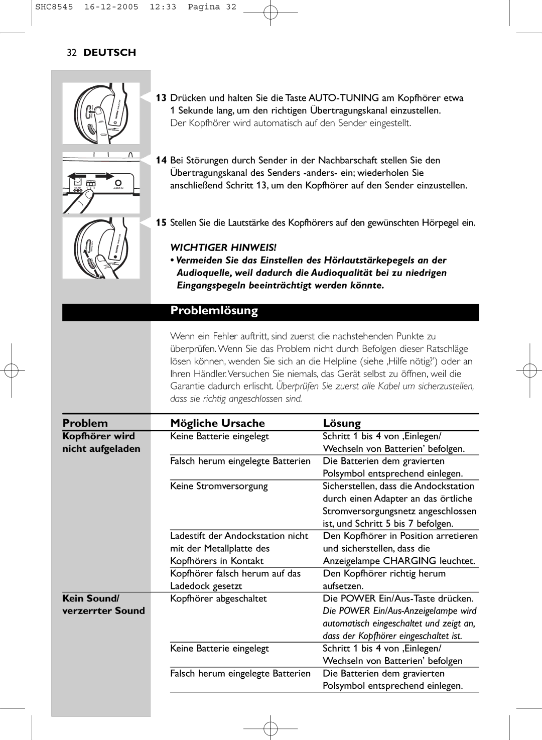 Philips SHC8545 manual Problemlösung, Problem Mögliche Ursache Lösung 