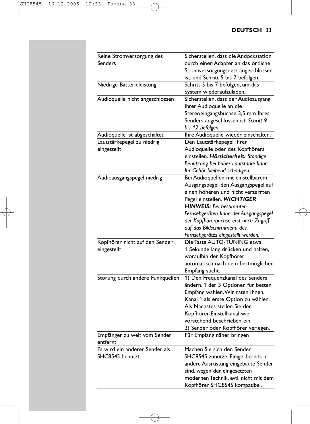 Philips SHC8545 manual Bis 12 befolgen, Ihr Gehör bleibend schädigen, Hinweis Bei bestimmten, Auf das Bildschirmmenü des 