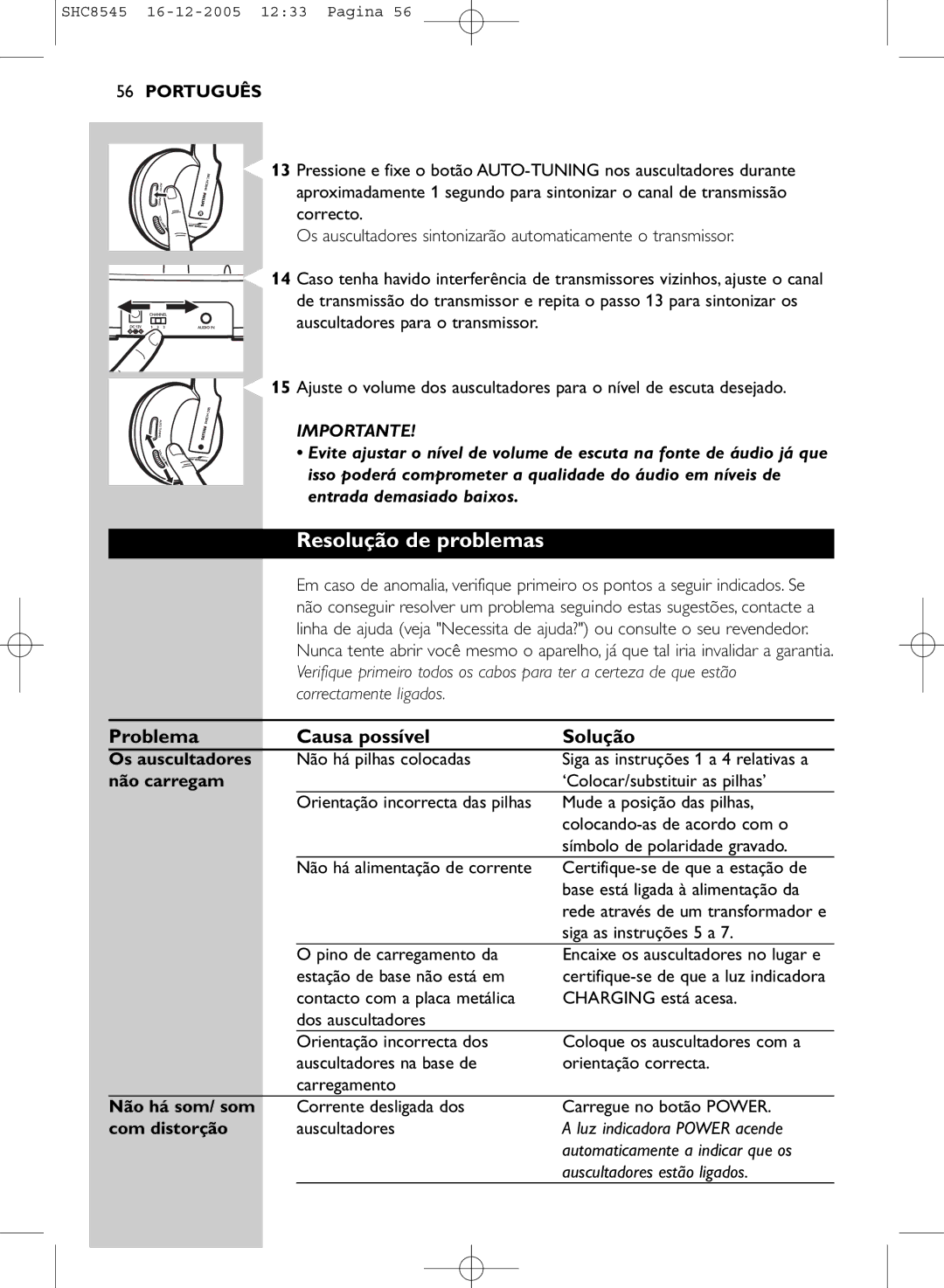 Philips SHC8545 manual Resolução de problemas, Problema Causa possível Solução 