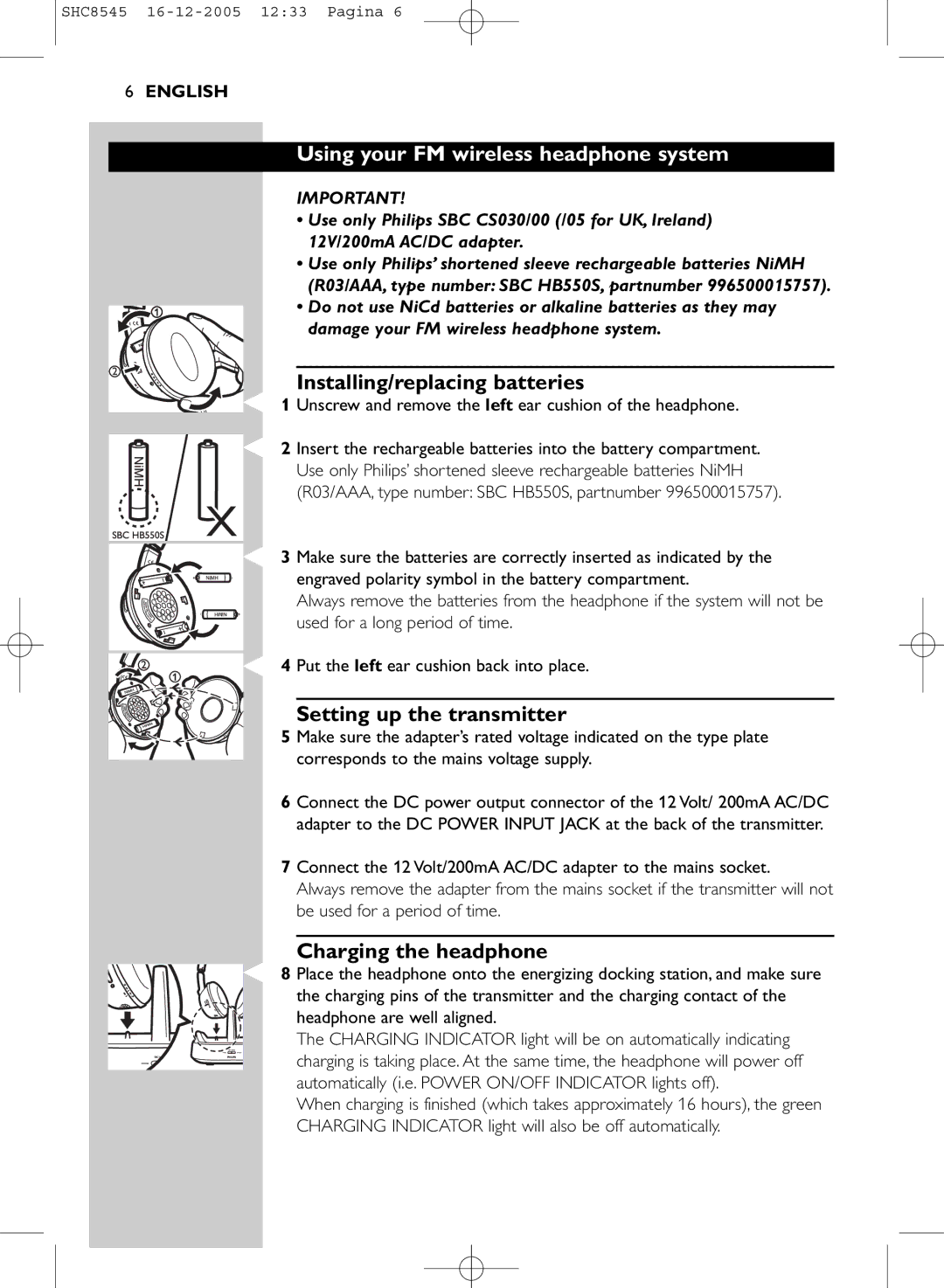 Philips SHC8545 manual Using your FM wireless headphone system, Installing/replacing batteries, Setting up the transmitter 